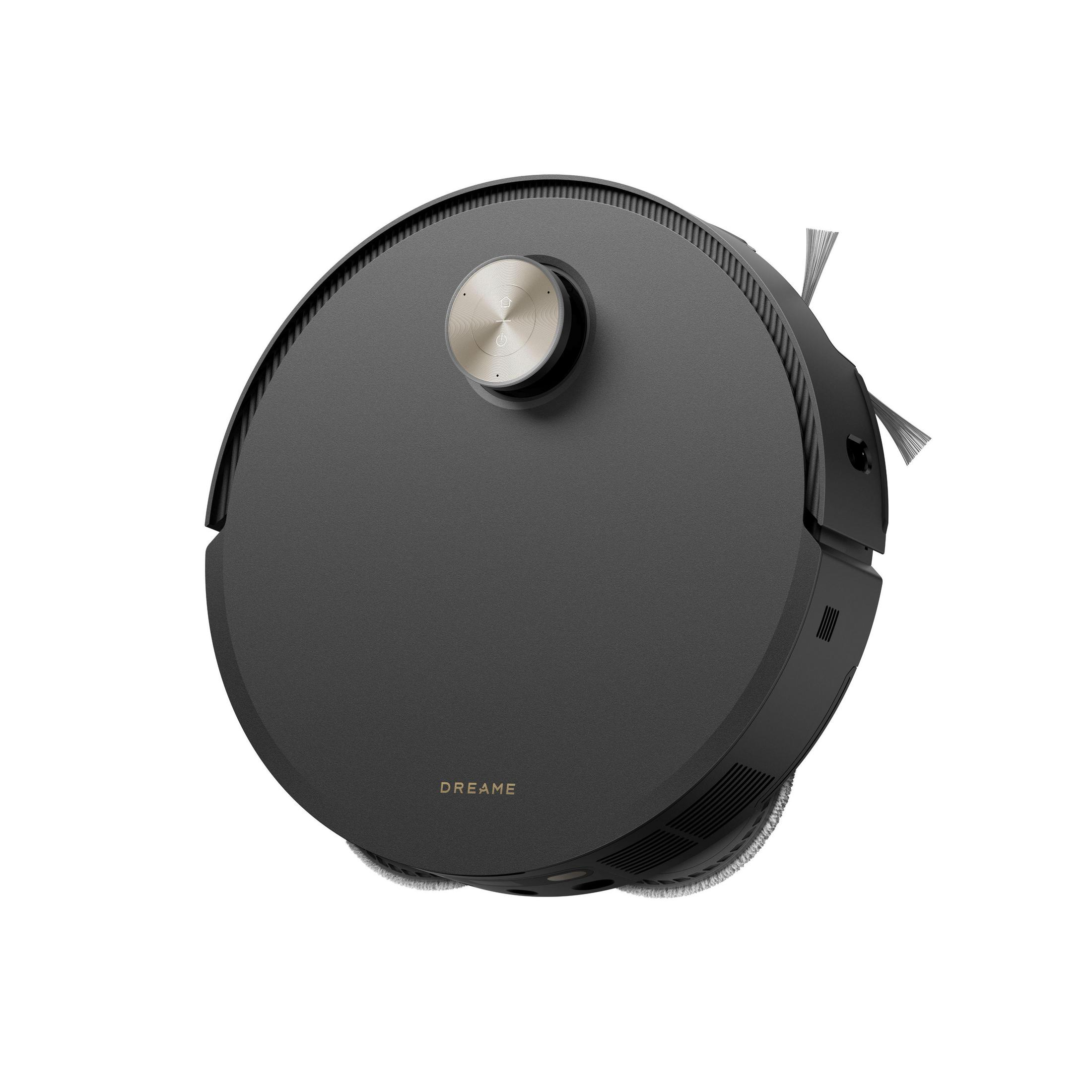Czarny robot odkurzacz Dreame, widok z góry, ze srebrnym przyciskiem na górze.
