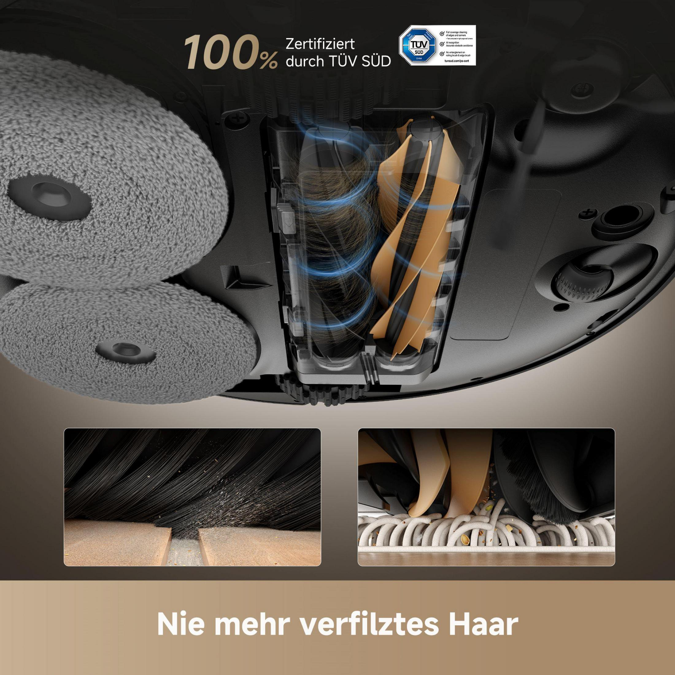 Zbliżenie głowicy czyszczącej odkurzacza. Pokazano dwie szczotki czyszczące i mechanizm do cięcia włosów.