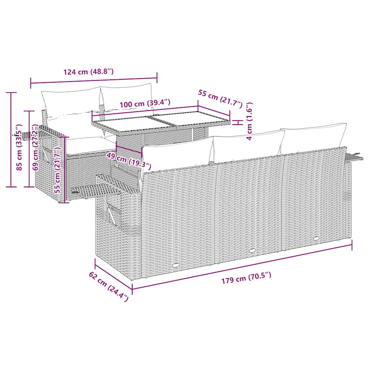 Un diagramma che mostra le dimensioni di un set di divani da esterno. Il set è realizzato in vimini.