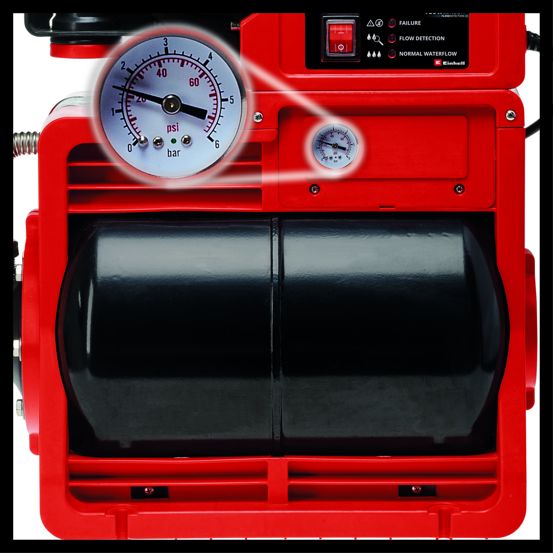 Rote Wasserpumpe mit Messgeräten. Zwei schwarze Tanks. Rotes Bedienfeld mit Knöpfen.
