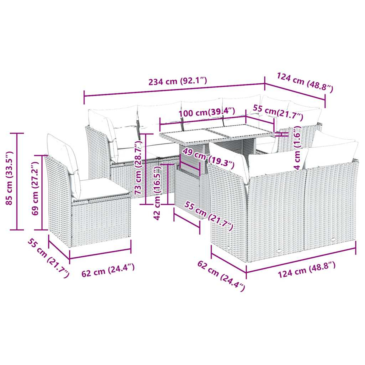 Rattan-Outdoormöbel-Set mit Abmessungen. Graue Kissen.