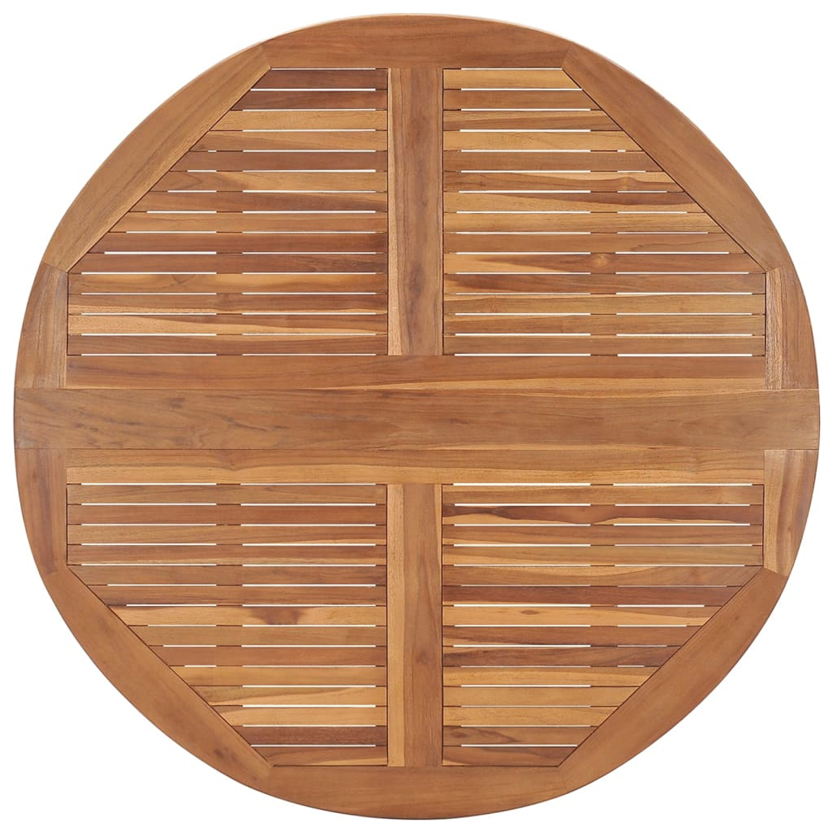 Tischplatte aus Holz, kreisförmig mit einem Muster aus Holzpaneelen.