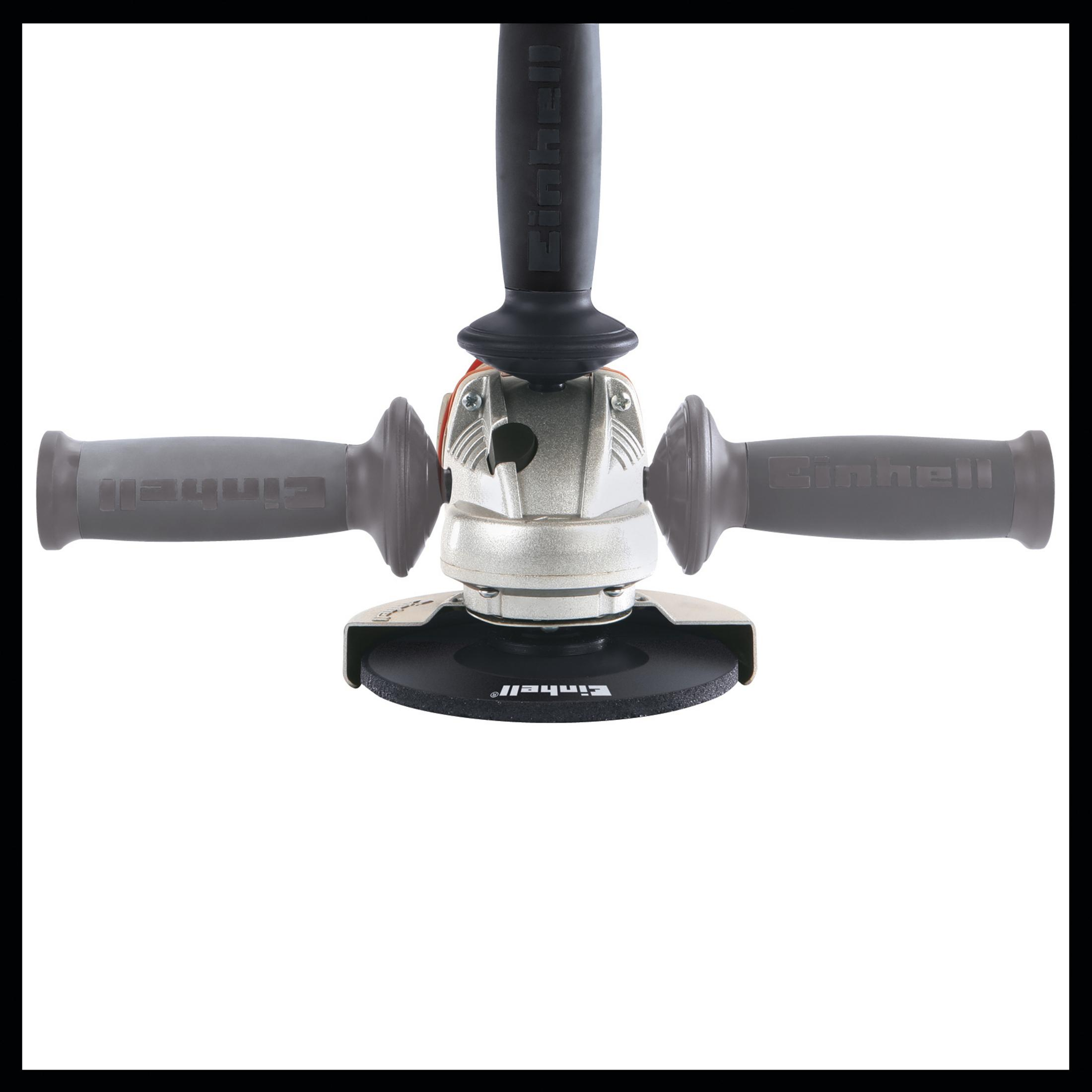 Szlifierka kątowa pokazująca tarczę szlifierską i uchwyty. Tło jest białe.