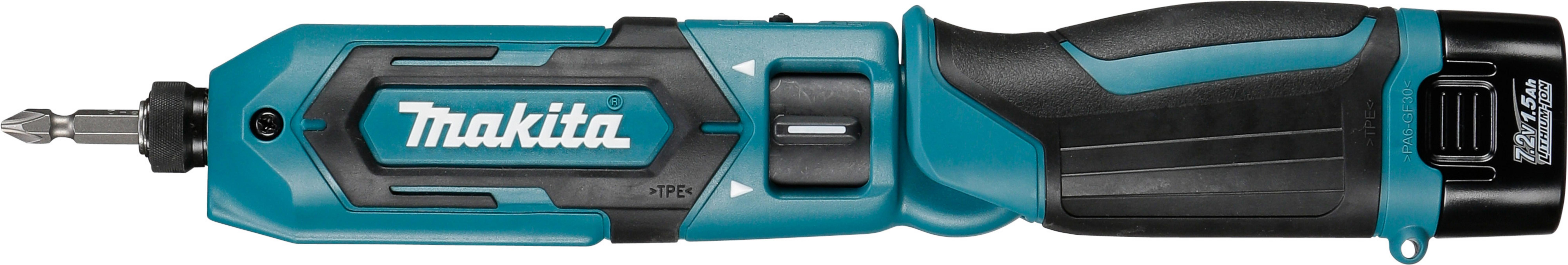Ein blau-schwarzer Makita-Akkuschrauber. Es ist auf weißem Hintergrund.