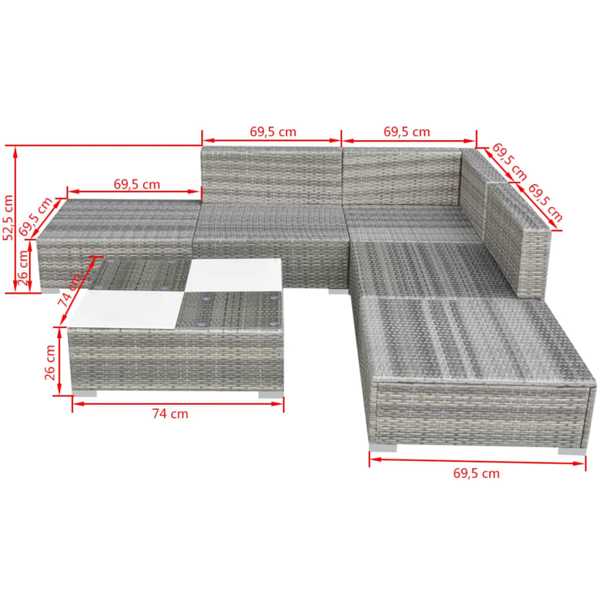 Ein graues Gartenmöbel-Set mit Maßen. Es umfasst einen Tisch und mehrere Sofateile.