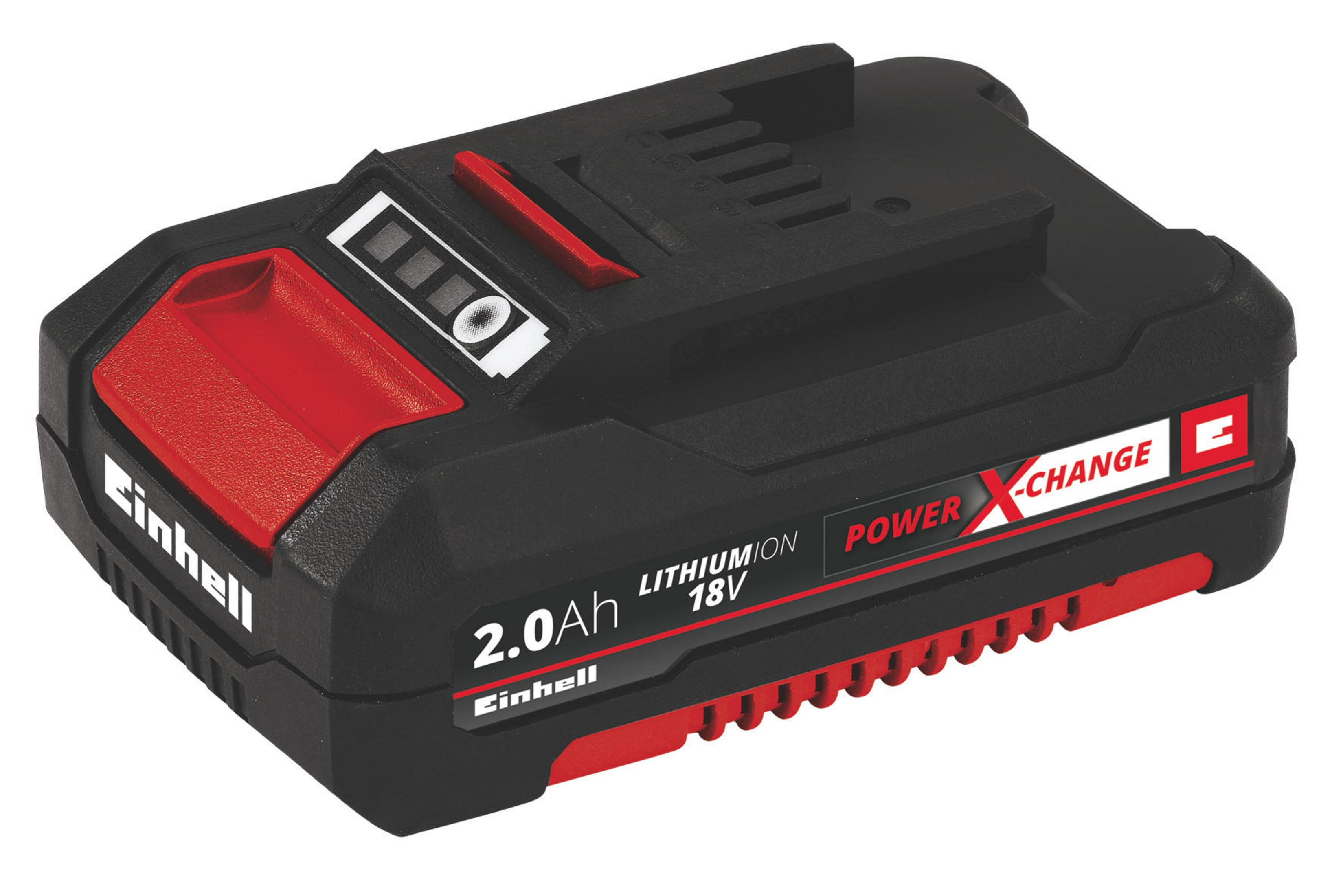 Czarno-czerwony akumulator Einhell 18V 2.0Ah. Etykiety zawierają 'Lithium Ion' i 'Power X-Change'.