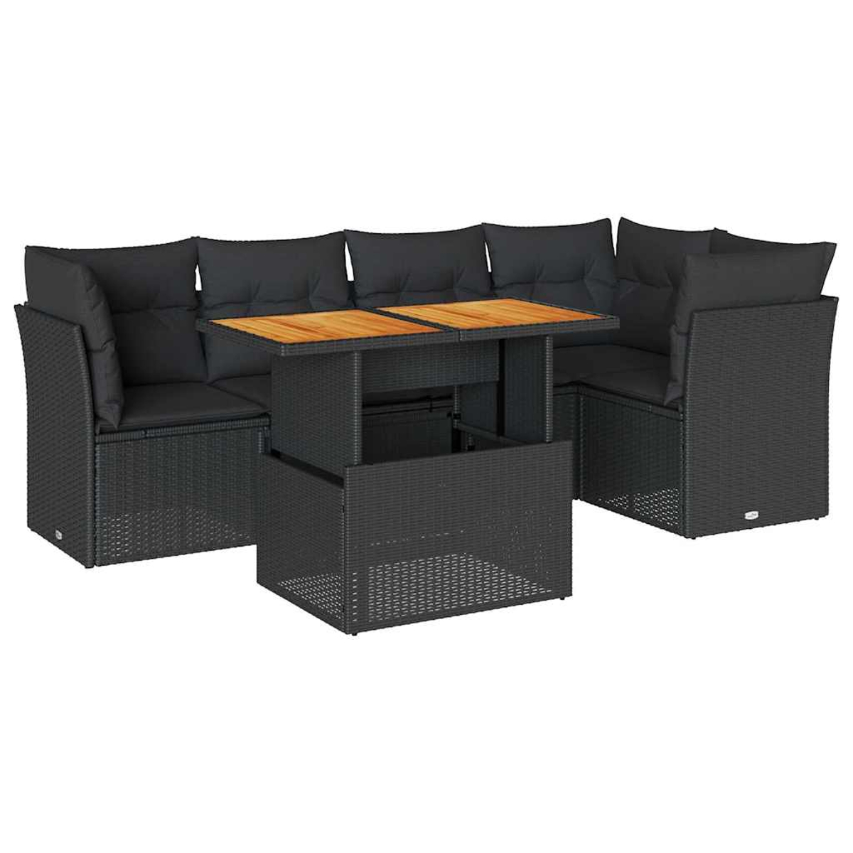 Set divano componibile da esterno in vimini nero con cuscini e tavolo in legno. Sfondo bianco.