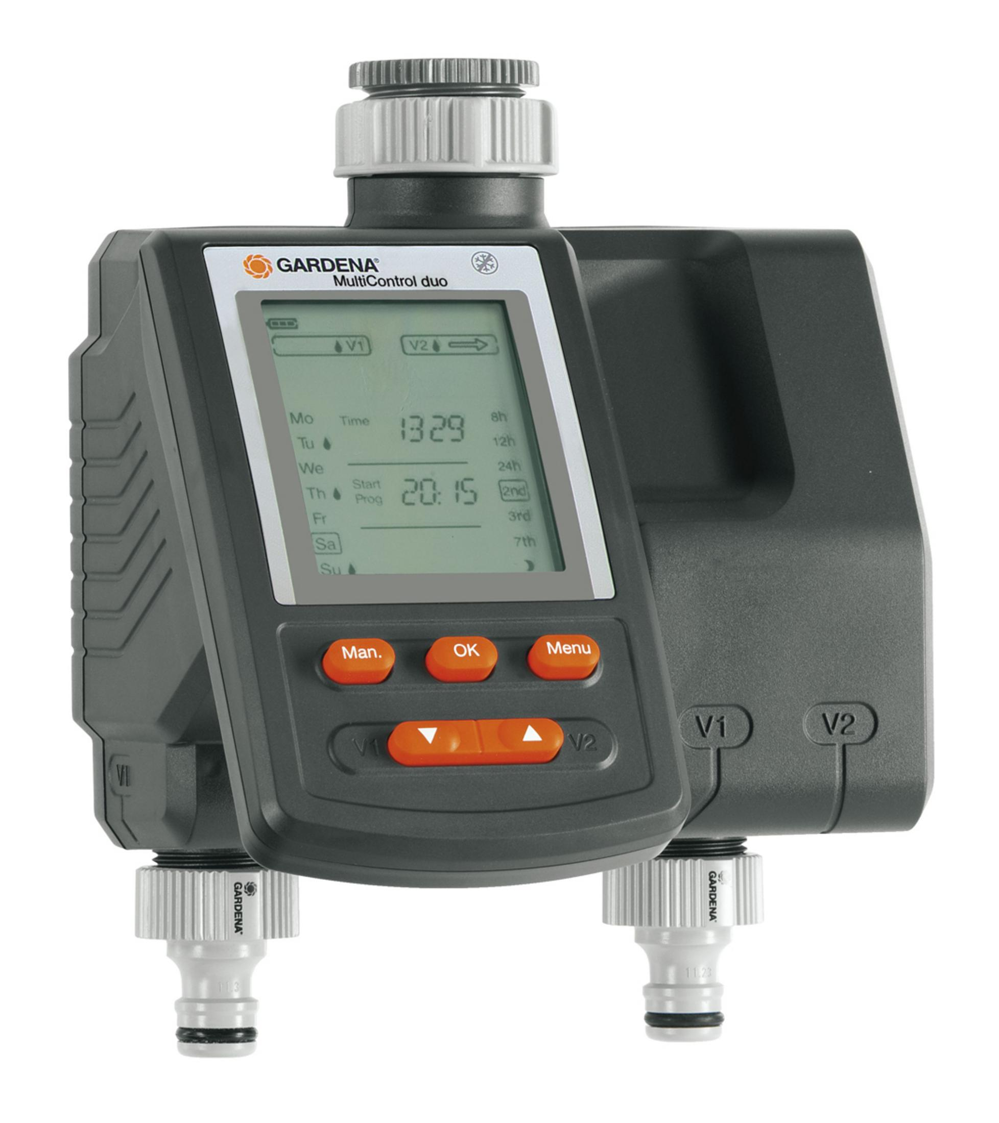 Timer di irrigazione Gardena, corpo grigio, display digitale, pulsanti arancioni.