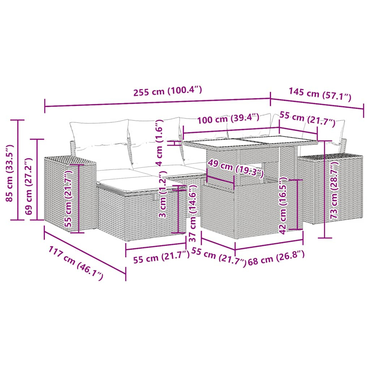 Set di mobili da patio per esterni con dimensioni. Include un divano, due sedie e un tavolino.