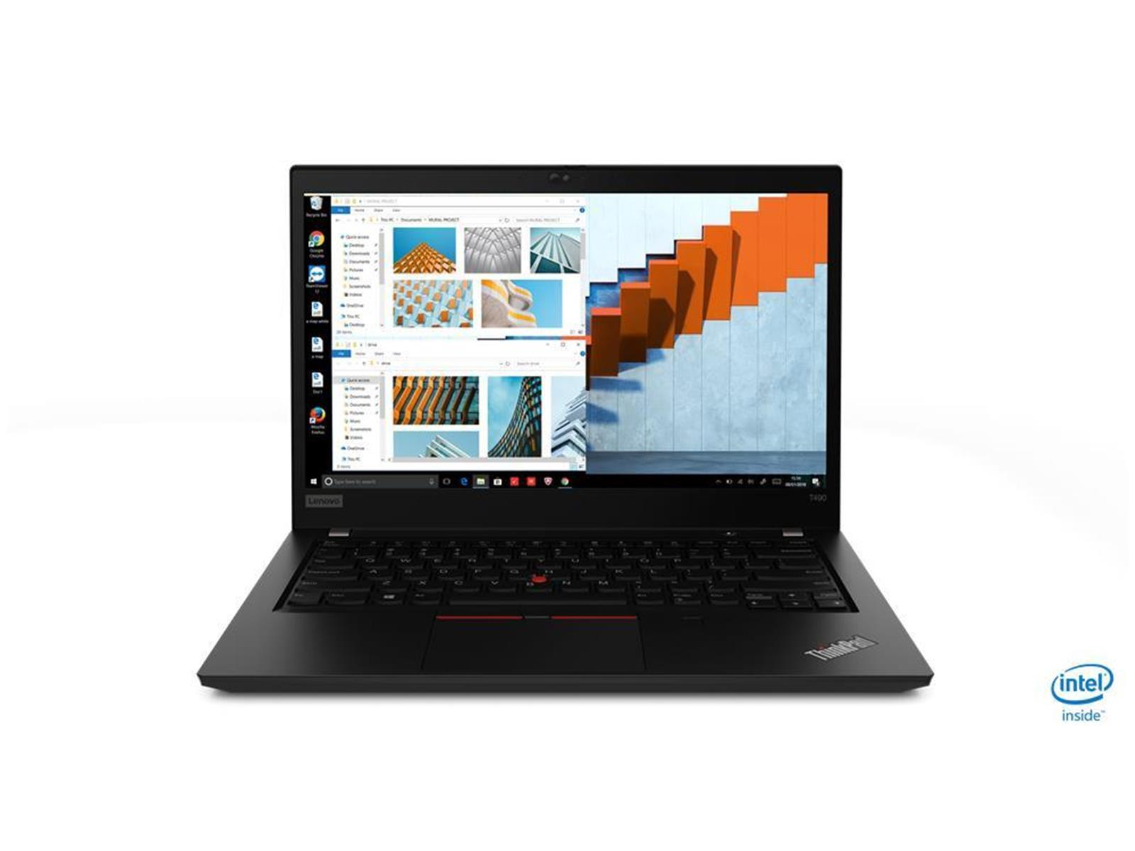 Schwarzer Laptop auf weißem Hintergrund, geöffnet. Das Display zeigt ein Gebäude. Das Lenovo-Logo ist sichtbar.