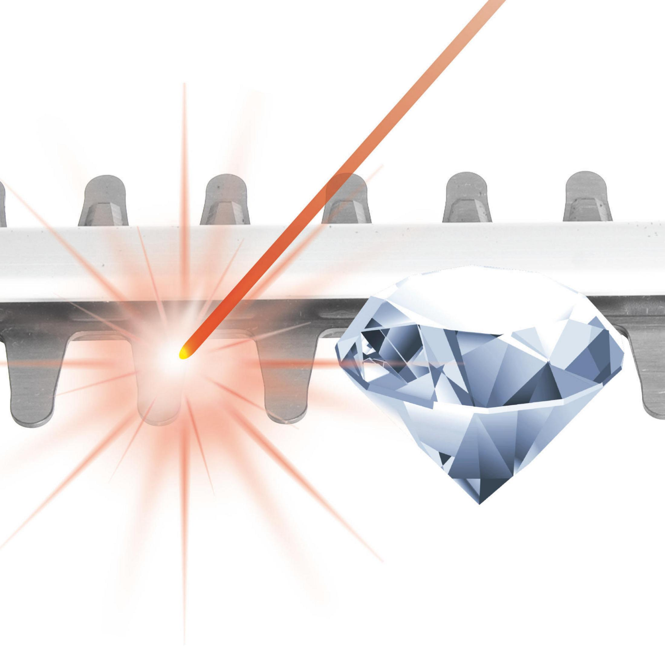 Zbliżenie diamentu i ostrza nożyc do żywopłotu. Czerwona wiązka lasera wskazuje na ostrze.