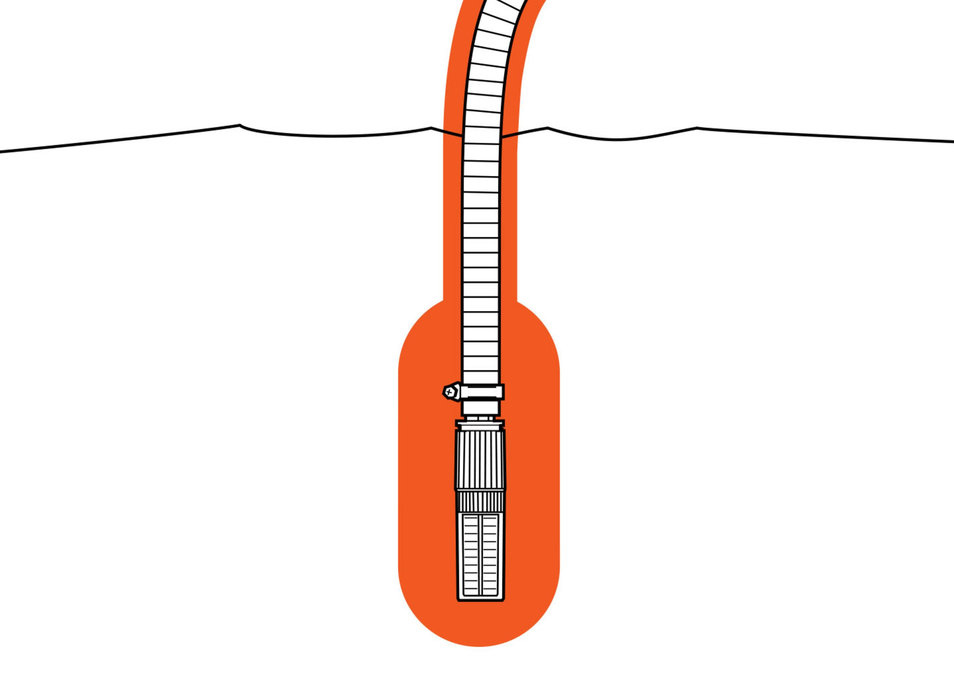Eine schematische Darstellung einer Tauchpumpe in einem orangefarbenen Raum unter Wasser.