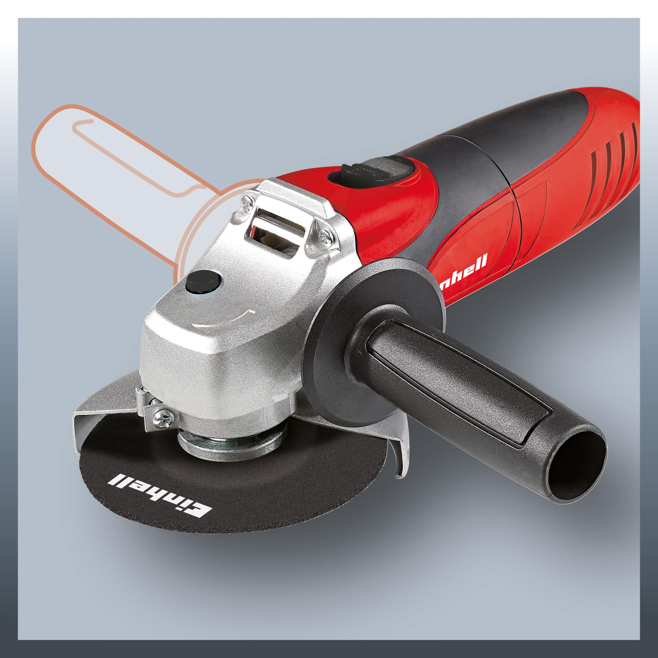 Herramienta amoladora angular con cuerpo rojo y negro y disco de esmerilado negro.