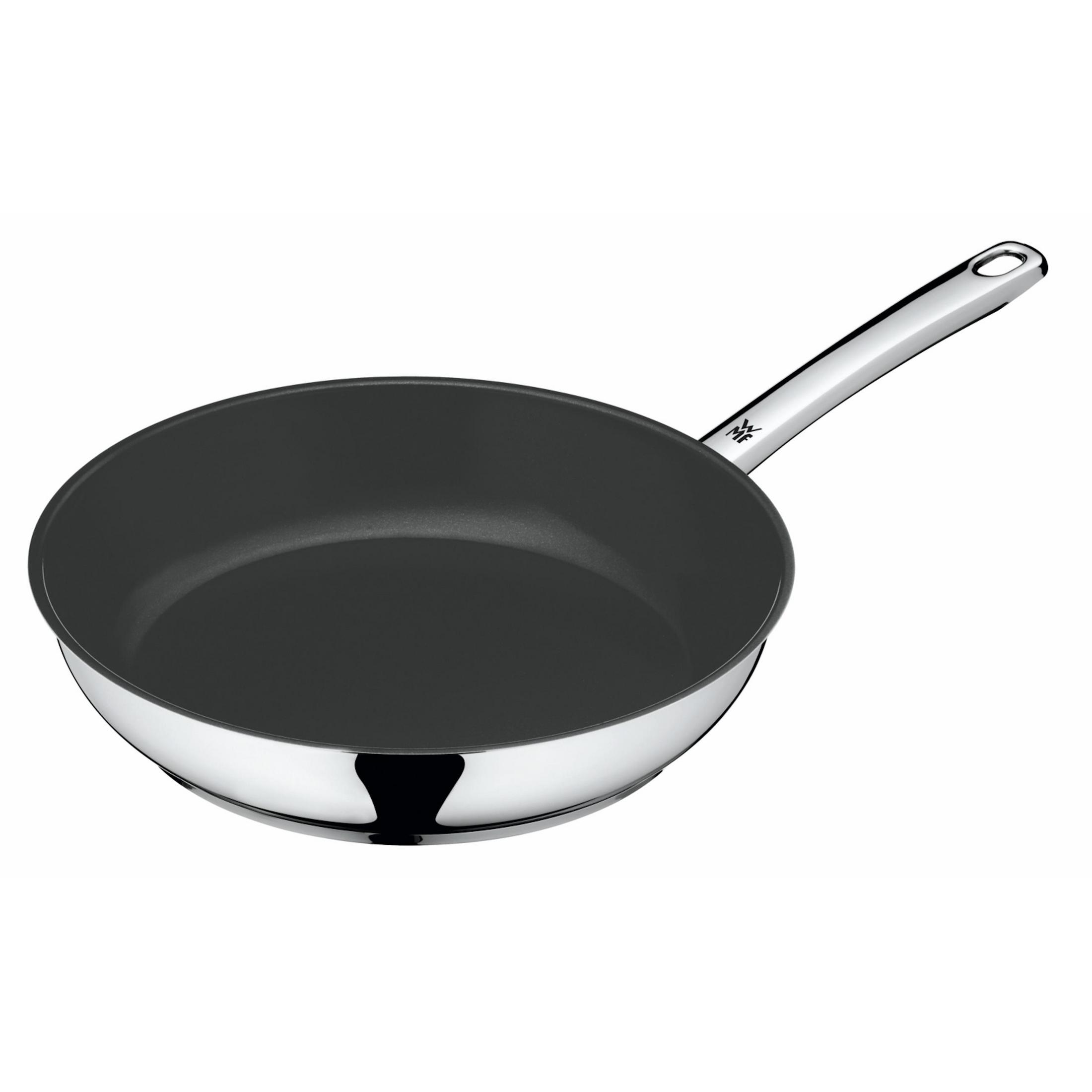 Bratpfanne mit schwarzem Innenraum und silbernem Griff.