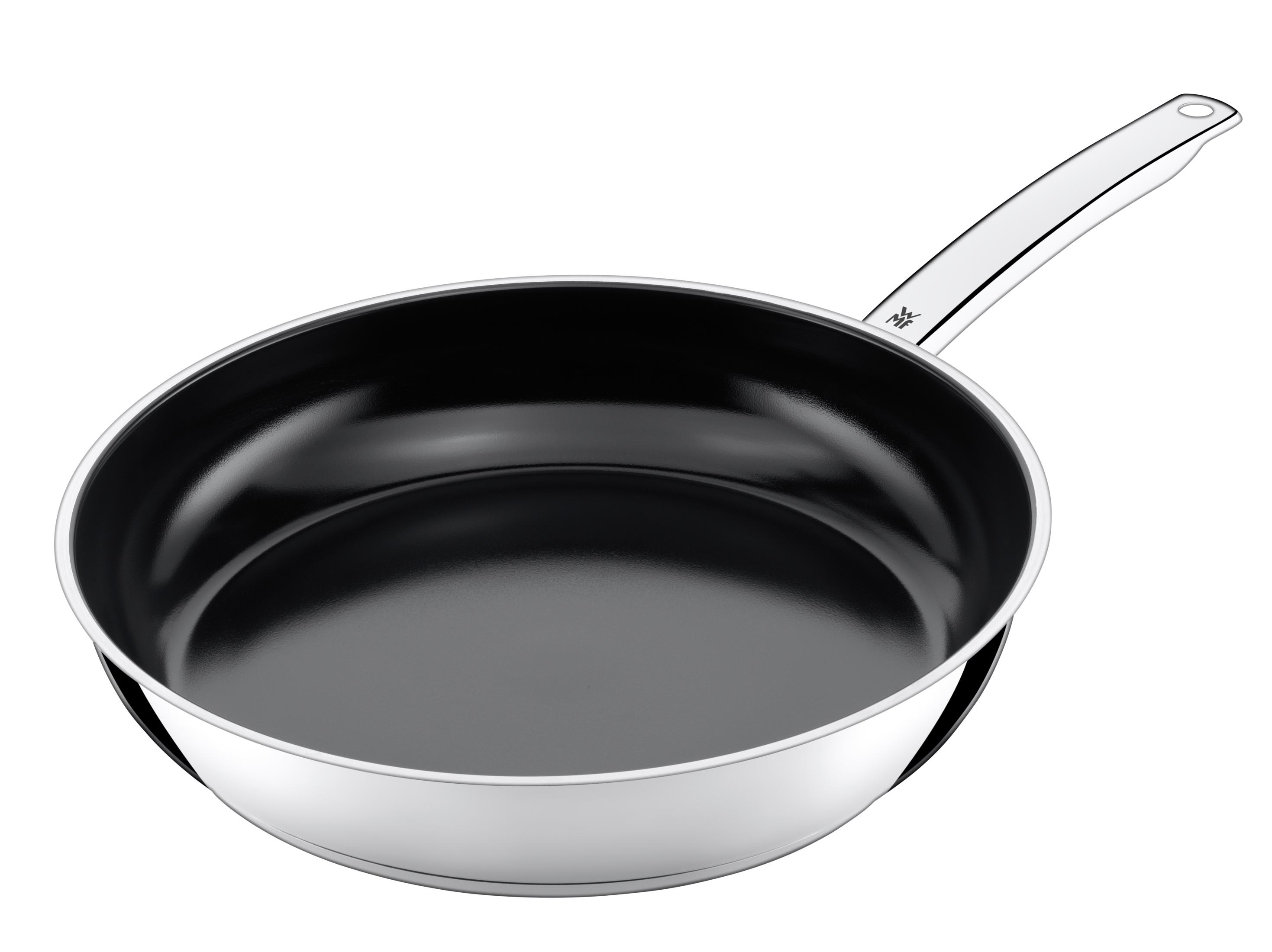 Eine silberne Bratpfanne mit schwarzem Innenraum, isoliert auf weißem Hintergrund.
