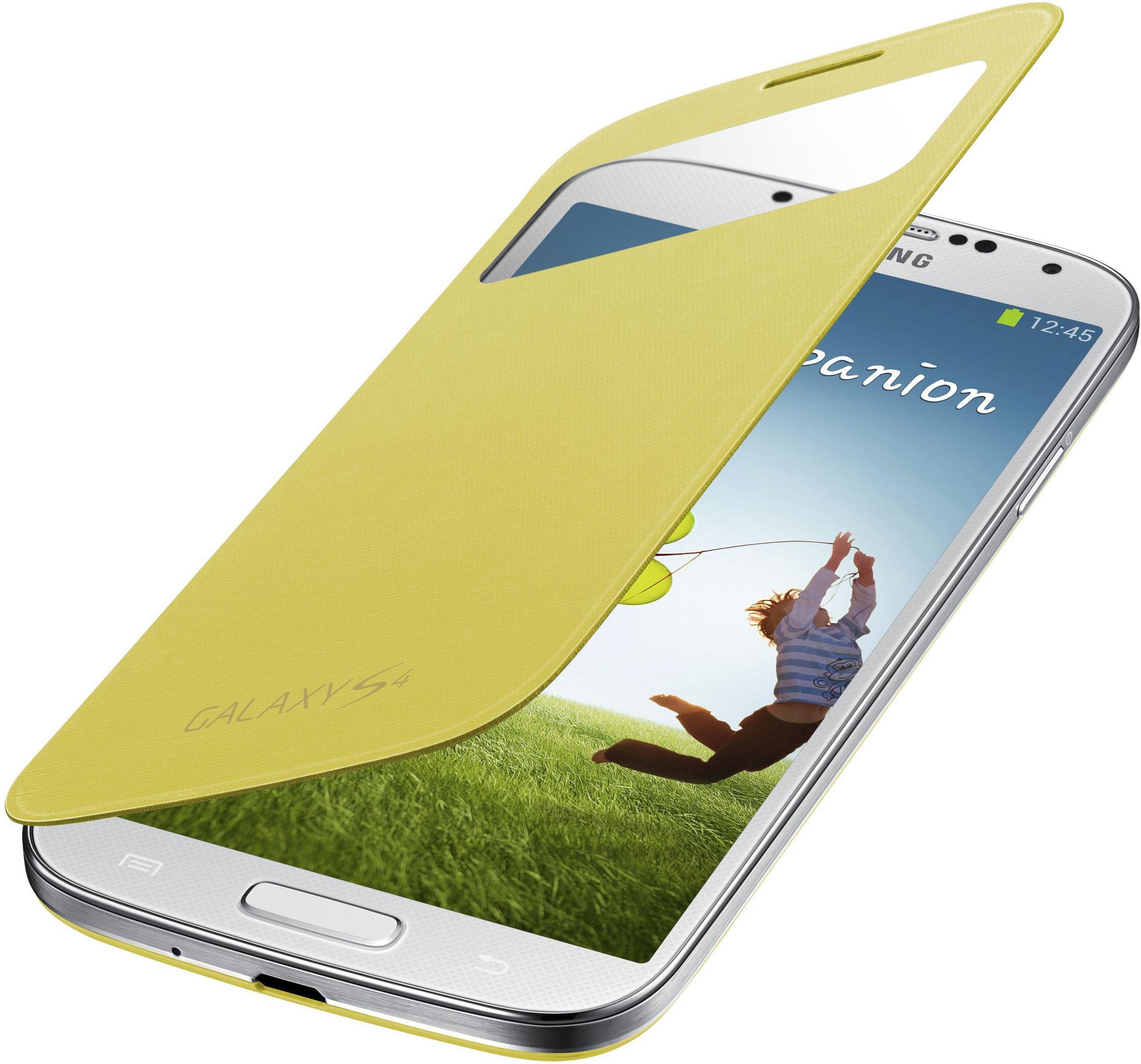 Custodia gialla Samsung Galaxy S4 aperta con un bambino sullo schermo.
