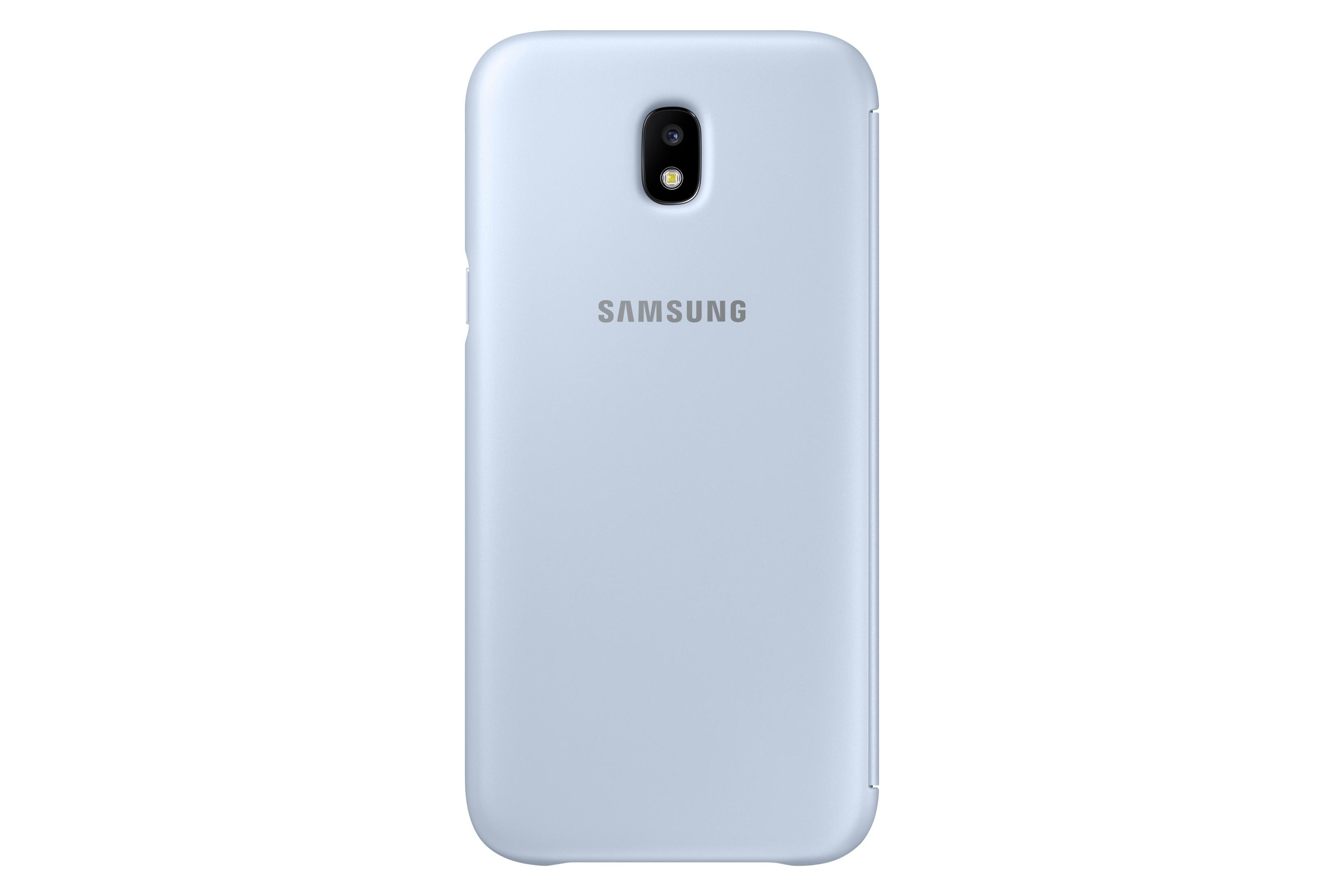 Funda azul claro para teléfono Samsung con cámara y marca Samsung, sobre fondo blanco.