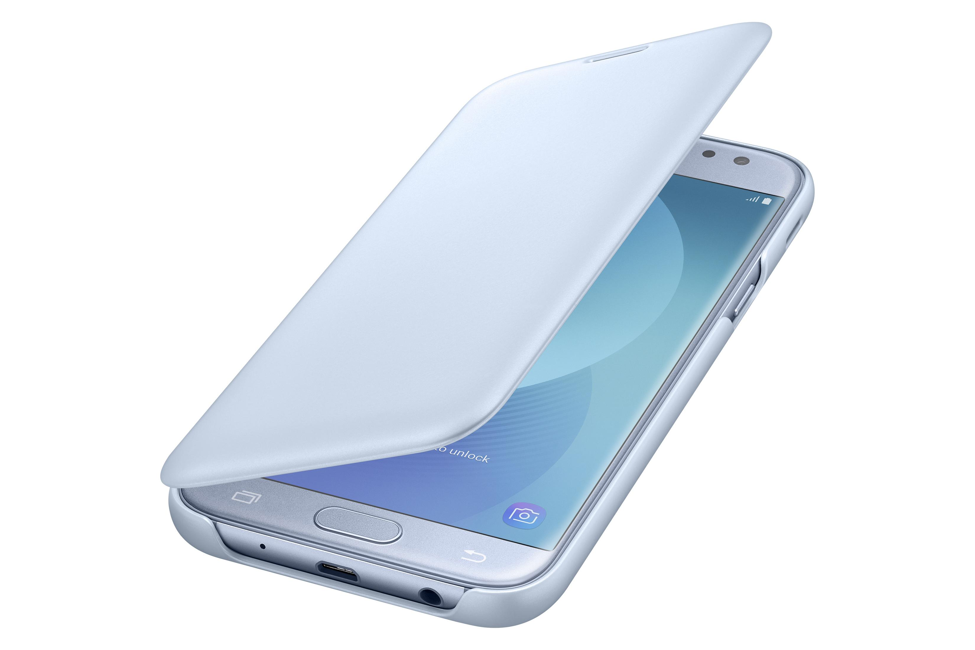 Funda de teléfono azul claro abierta sobre un teléfono plateado. El teléfono muestra aplicaciones.