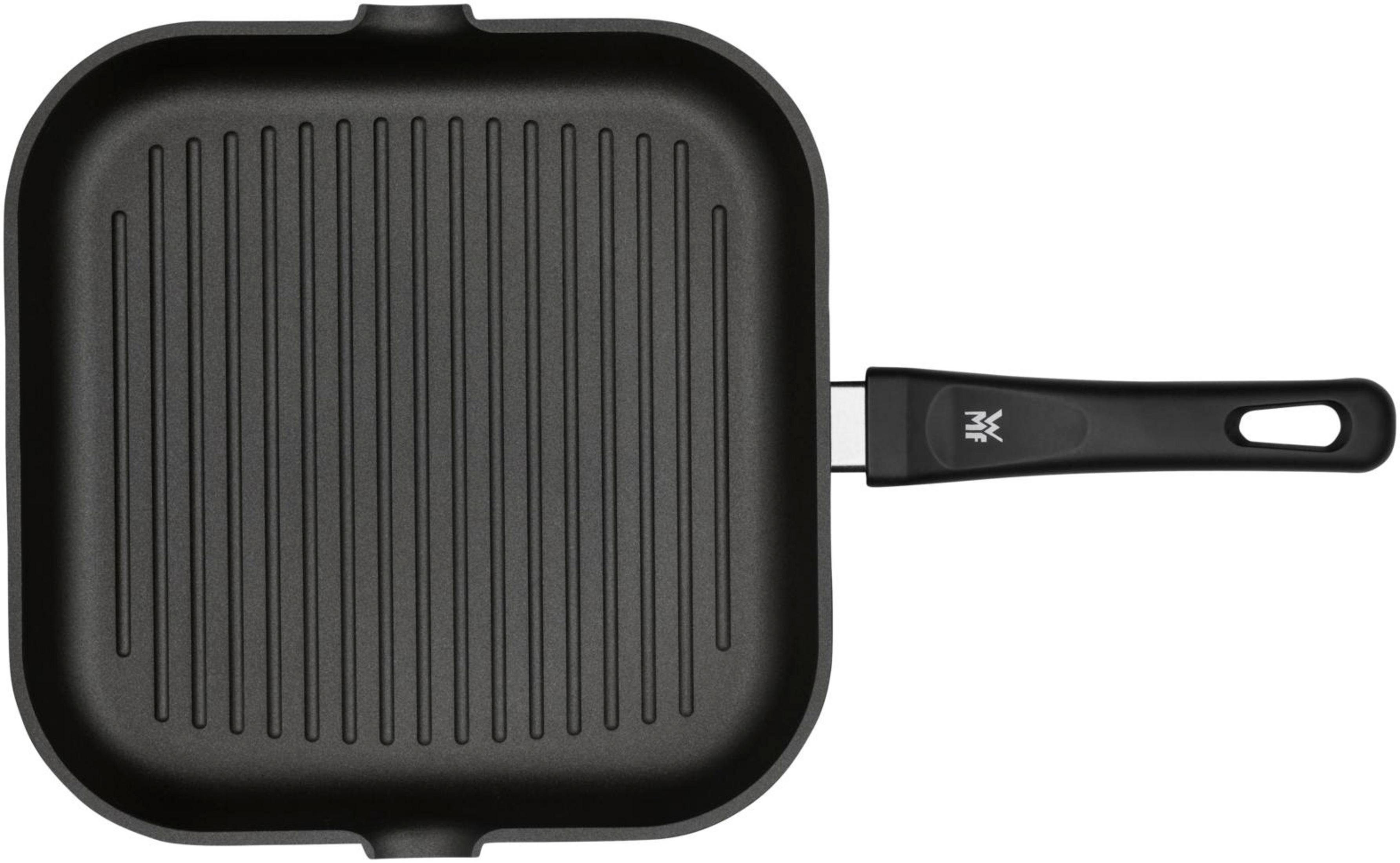 Schwarze quadratische Grillpfanne mit Griff, Draufsicht.