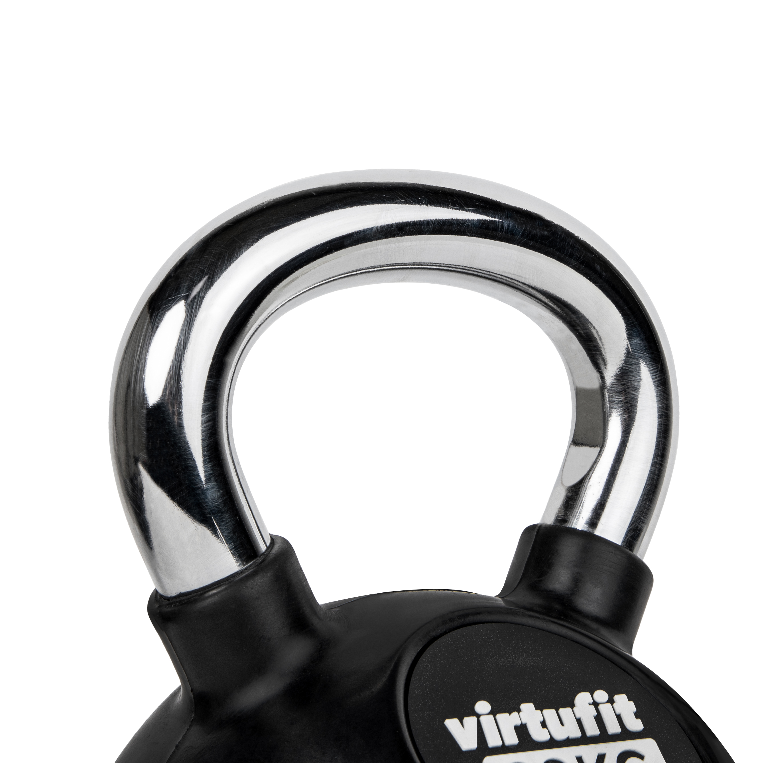 Nahaufnahme einer schwarzen Kettlebell mit silbernem Griff. Es hat ein 20KG-Etikett.