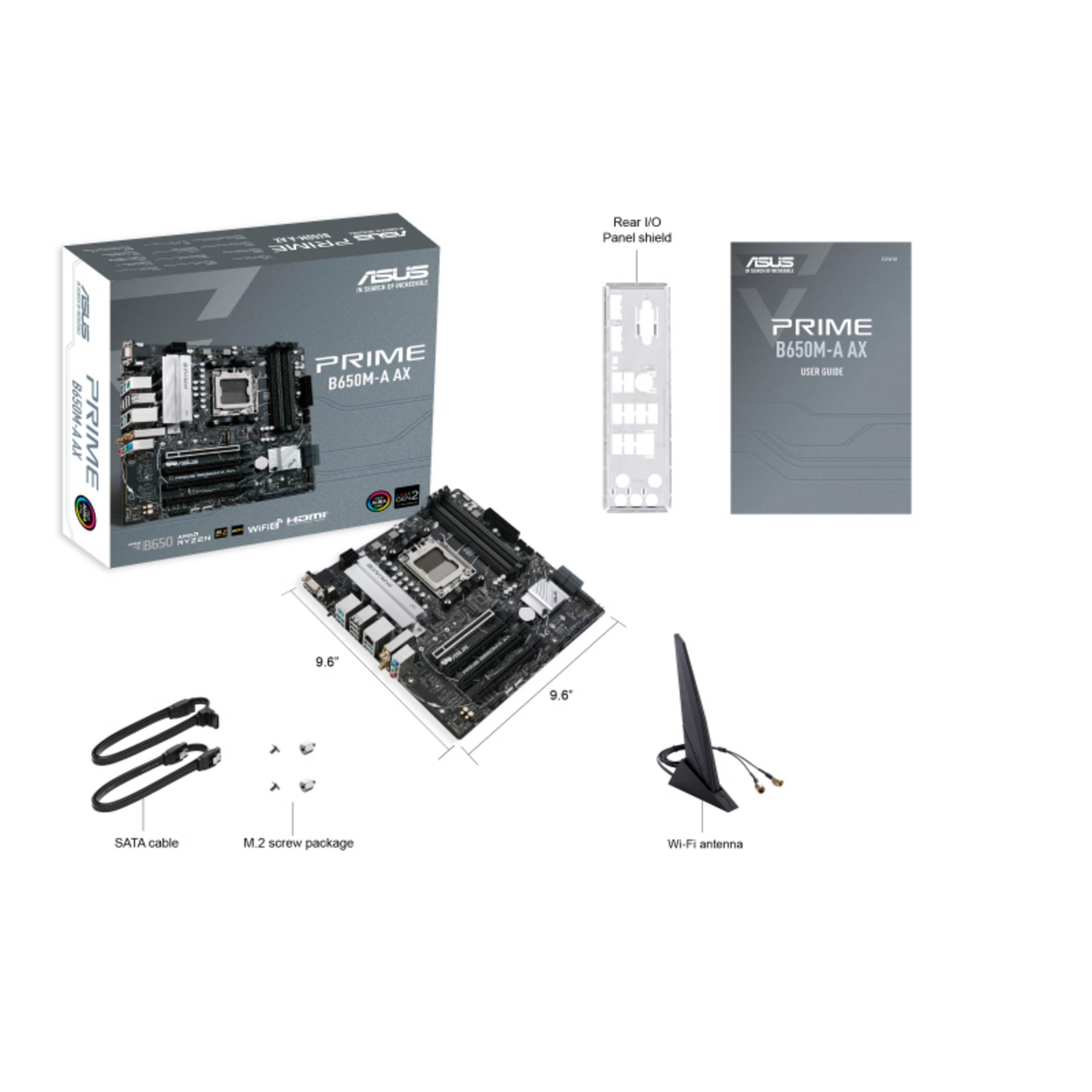 Componenten van het ASUS Prime B650M-A AX moederbord. Inclusief doos, kabels, antenne en handleiding.