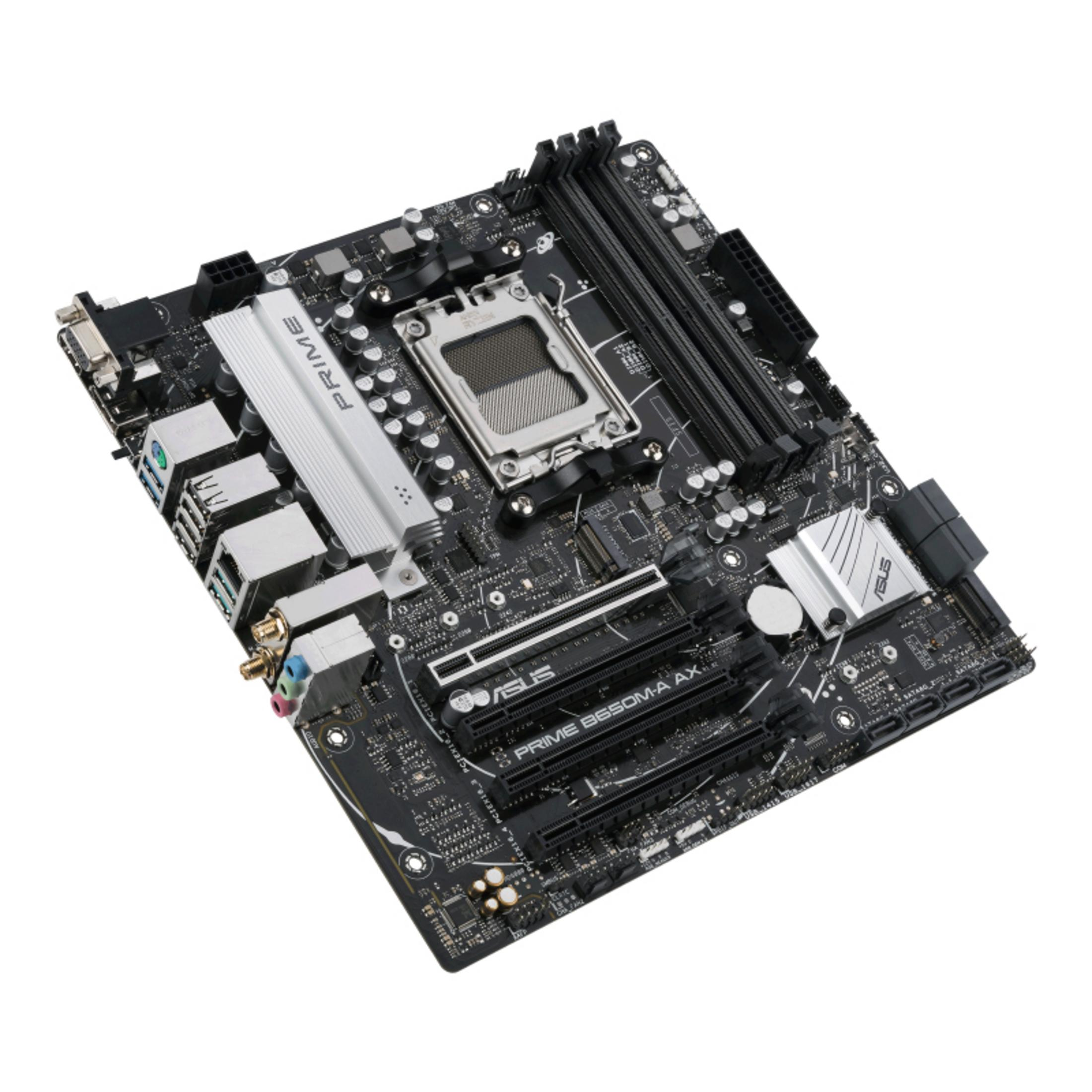 Zwart ASUS Prime B650M-A AX moederbord met zilveren componenten, schuine weergave.