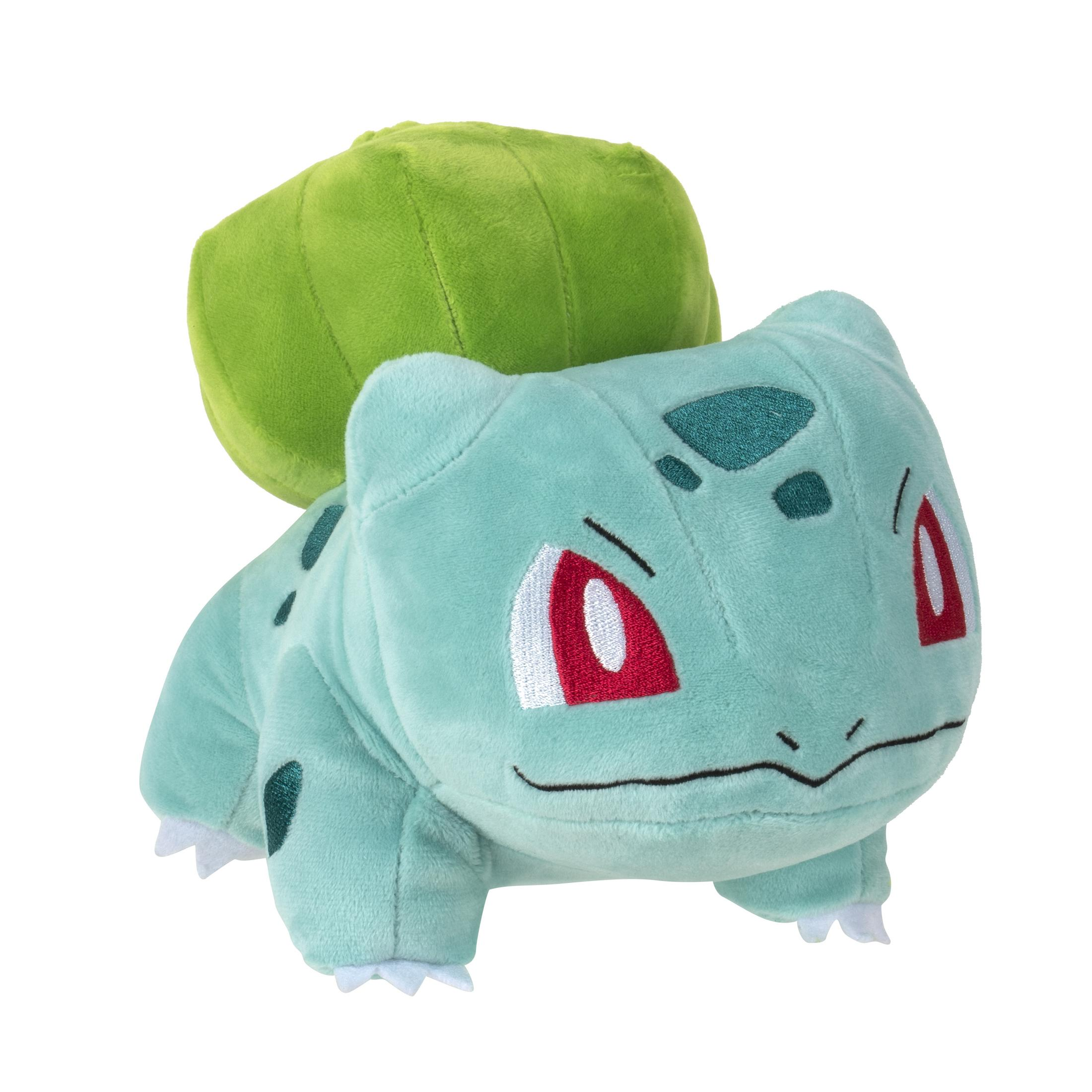 Bulbasaur Plüschtier, grün mit roten Augen, auf weißem Hintergrund.