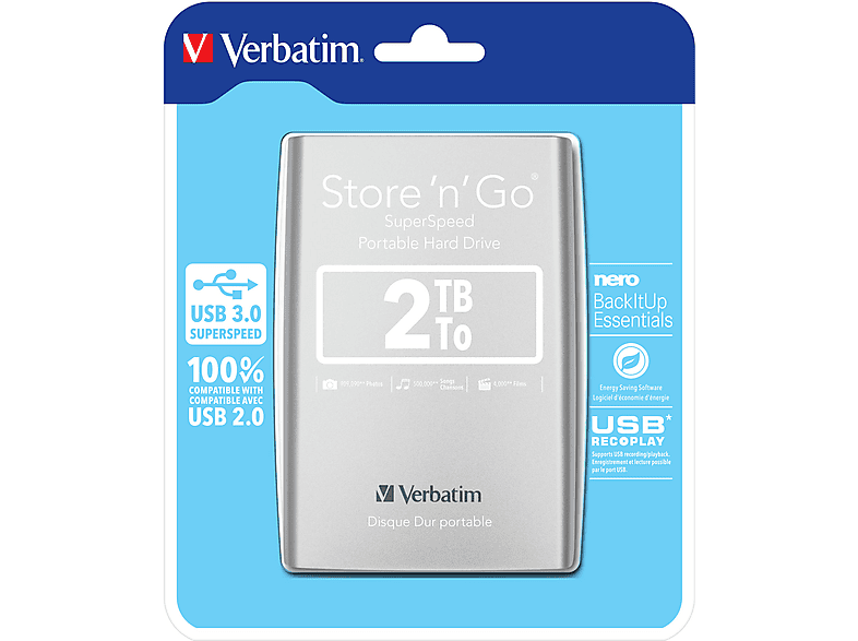 VERBATIM 53189, 2 TB HDD, 2,5 Zoll, extern, Silberfarben