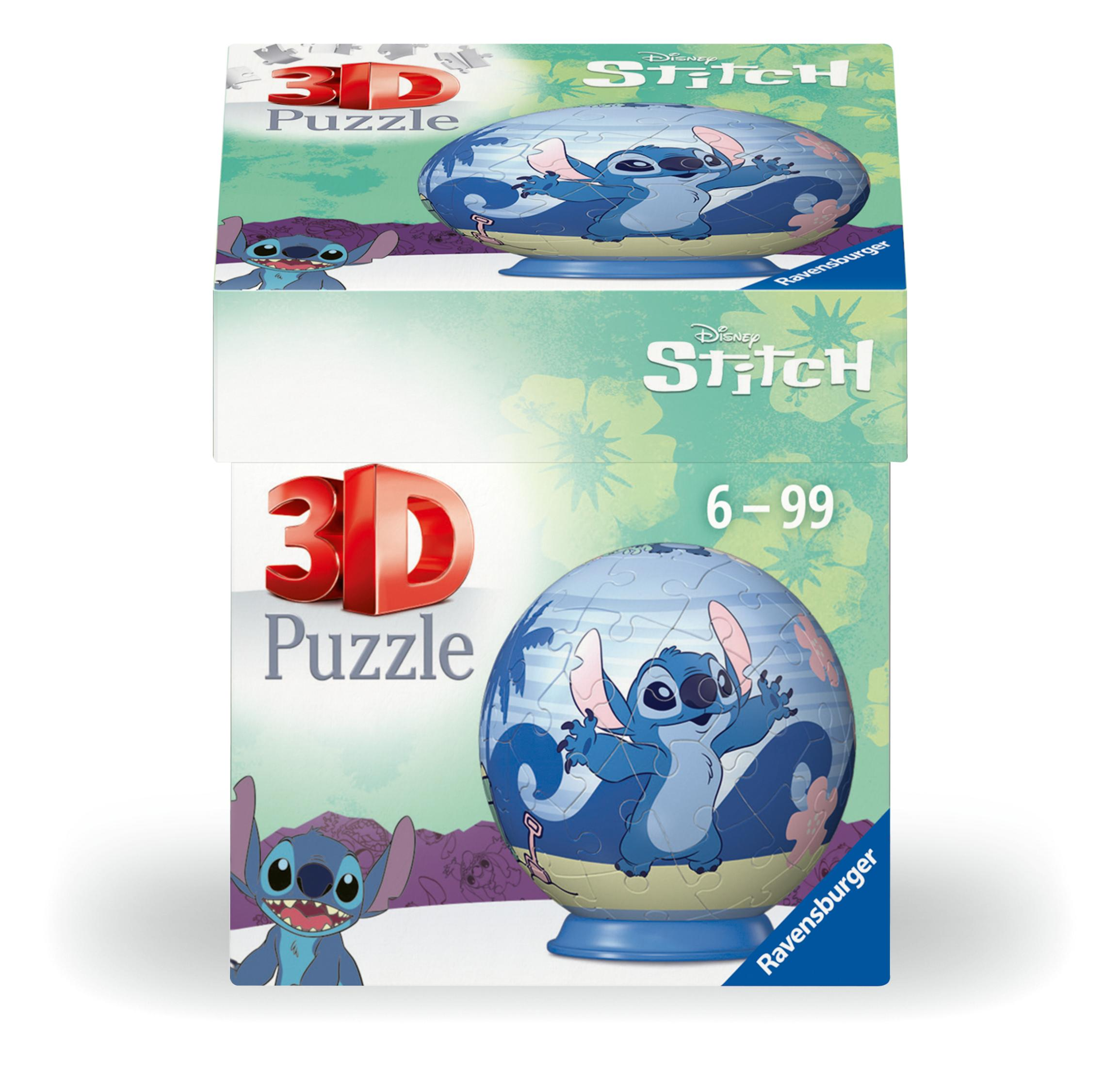 Disney Stitch 3D puzzle box, Stitch image, blue and white, on a white background.
