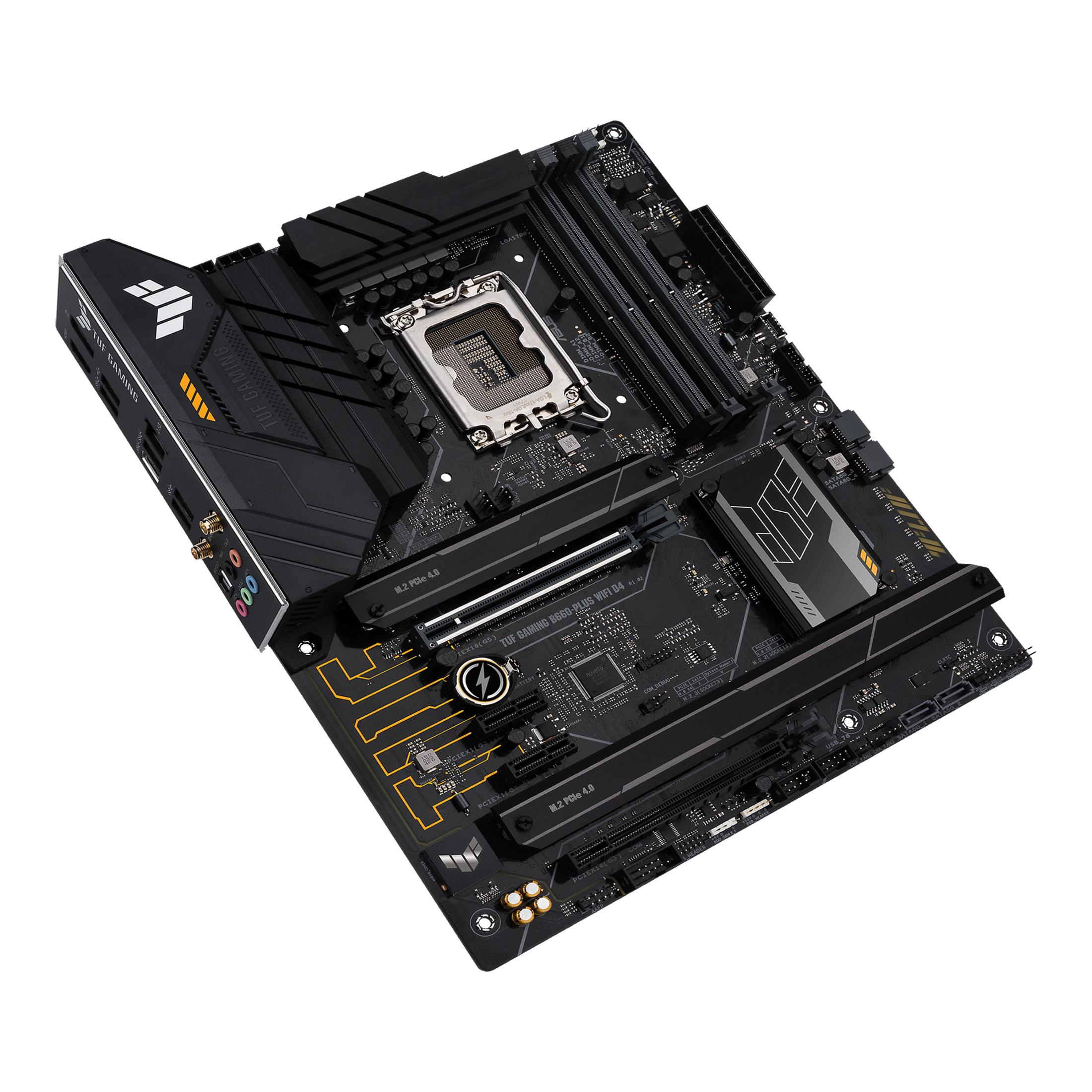 Scheda madre ASUS TUF GAMING, dettagli neri e gialli, sfondo bianco, porte visibili.