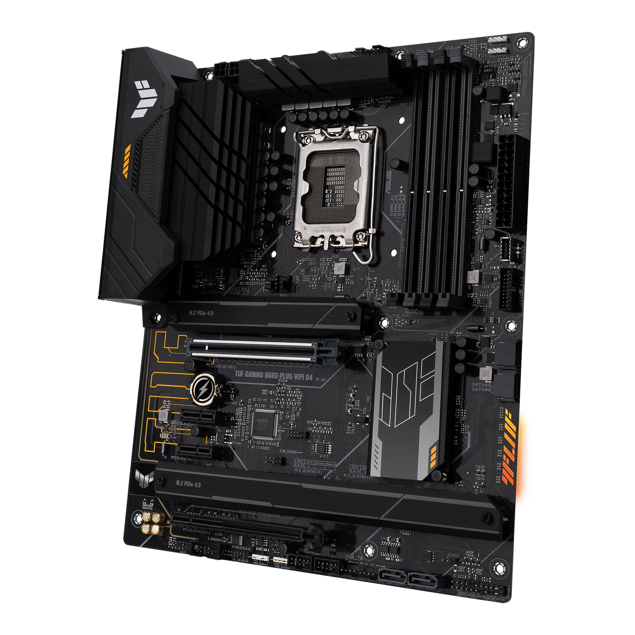 Scheda madre ASUS TUF GAMING, nero e giallo, sfondo bianco, vista angolata.