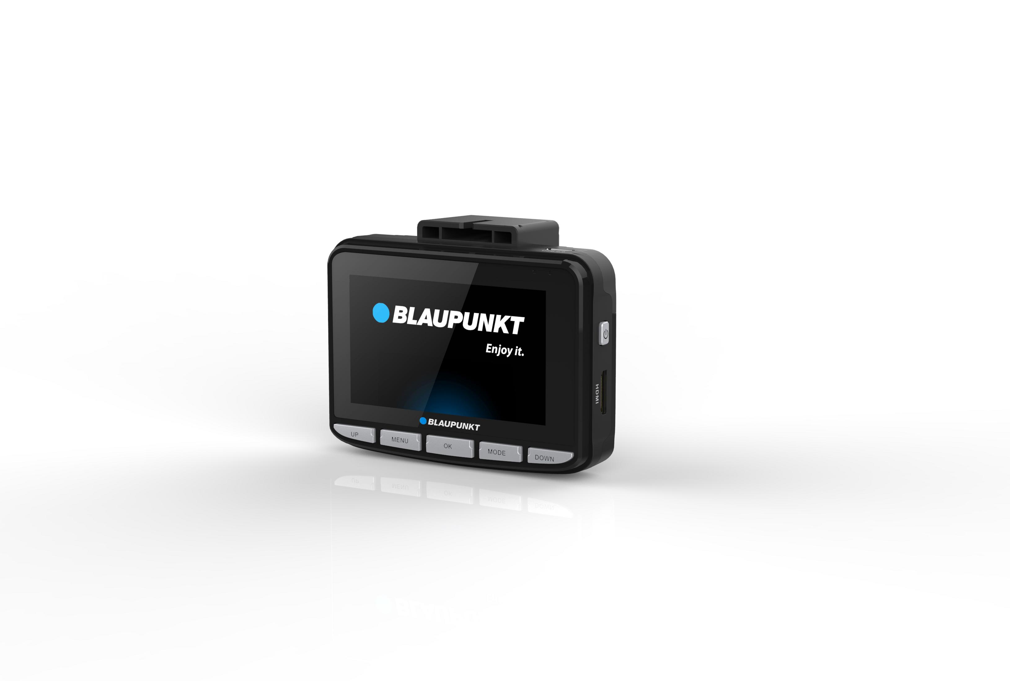 Schwarze Blaupunkt Dashcam. Der Bildschirm zeigt den Markennamen und den Slogan, enjoy it.