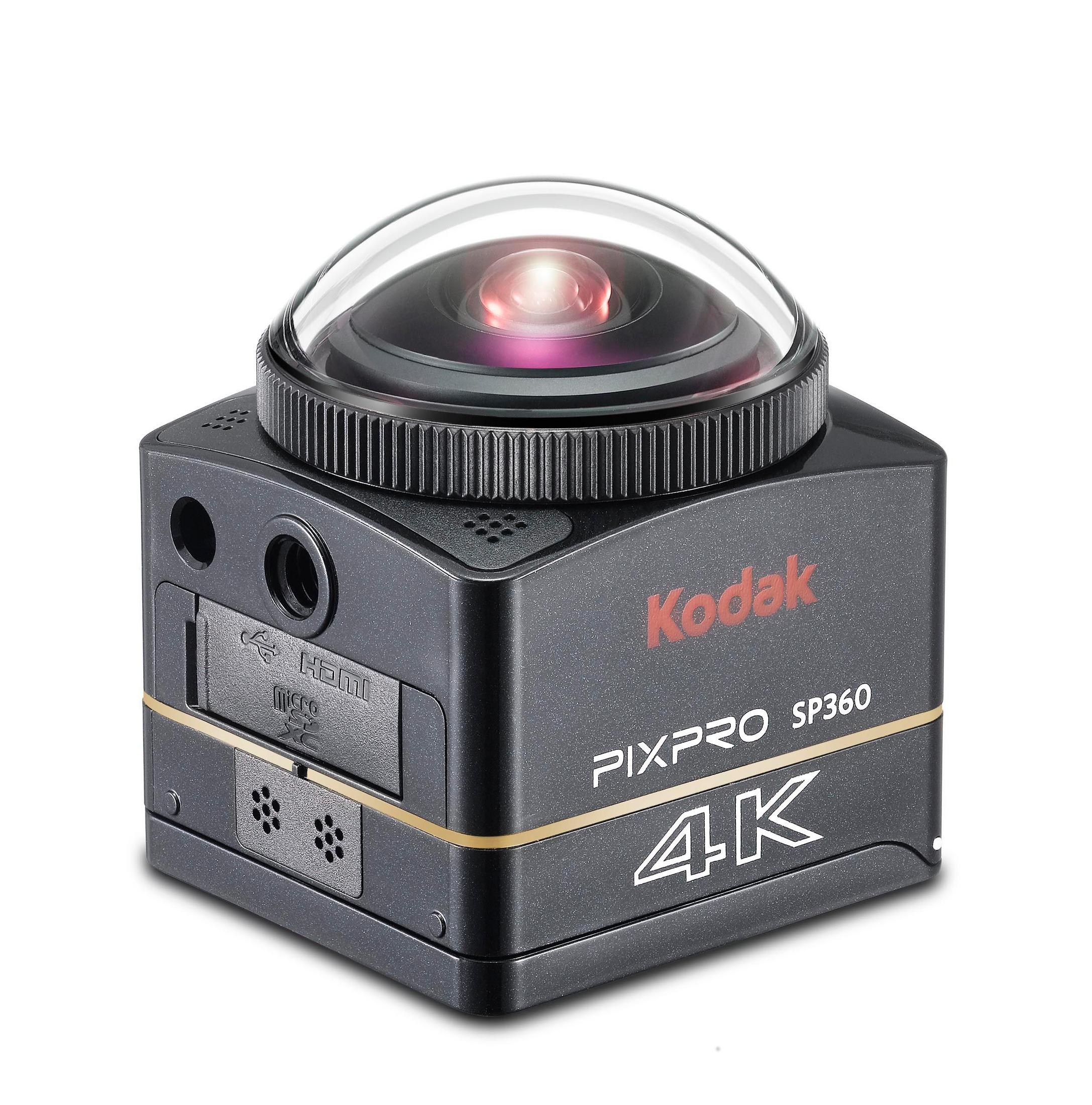 Kamera Kodak Pixpro SP360 z obiektywem typu rybie oko. Czarno-złota kolorystyka.
