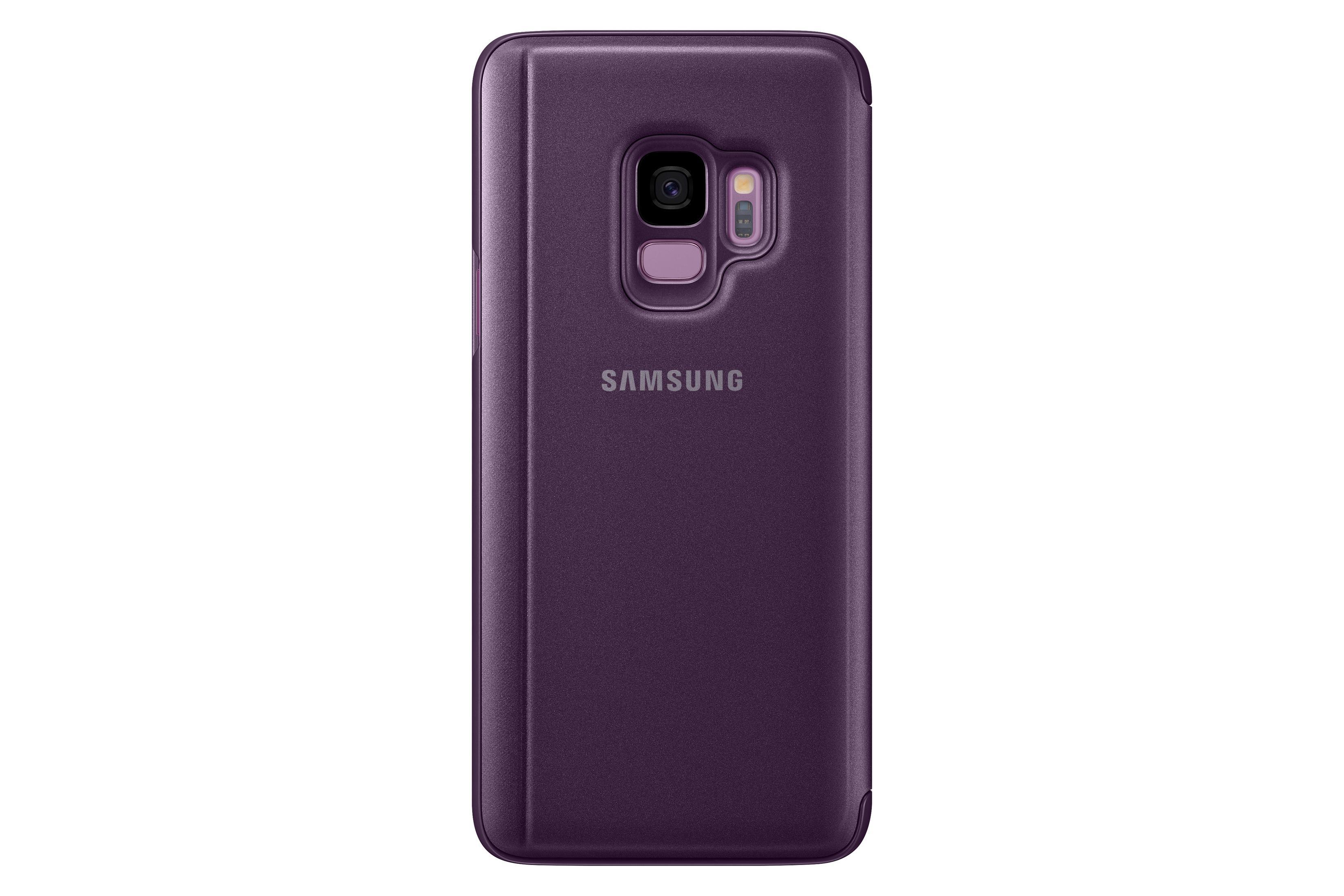 Funda de teléfono de cuero morado con el logo de Samsung. Aberturas de cámara y flash visibles.