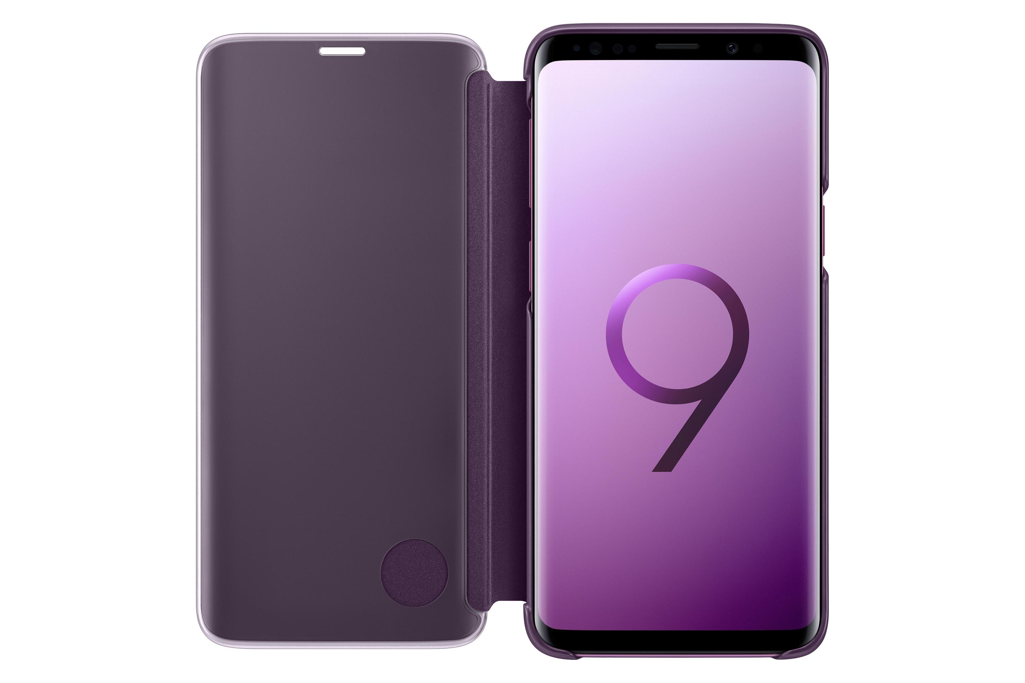 Funda púrpura de teléfono Samsung abierta, revelando un teléfono con degradado púrpura.