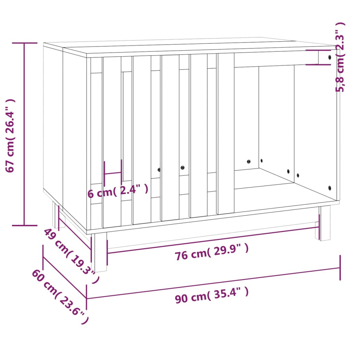 Diagramm eines Holzschranks mit Abmessungen in cm und Zoll. Der Schrank hat vertikale Lamellen.