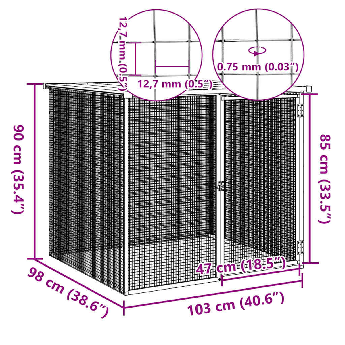 Diagramm eines Käfigs mit Abmessungen in cm und Zoll. Schwarze Linien, weißer Hintergrund.