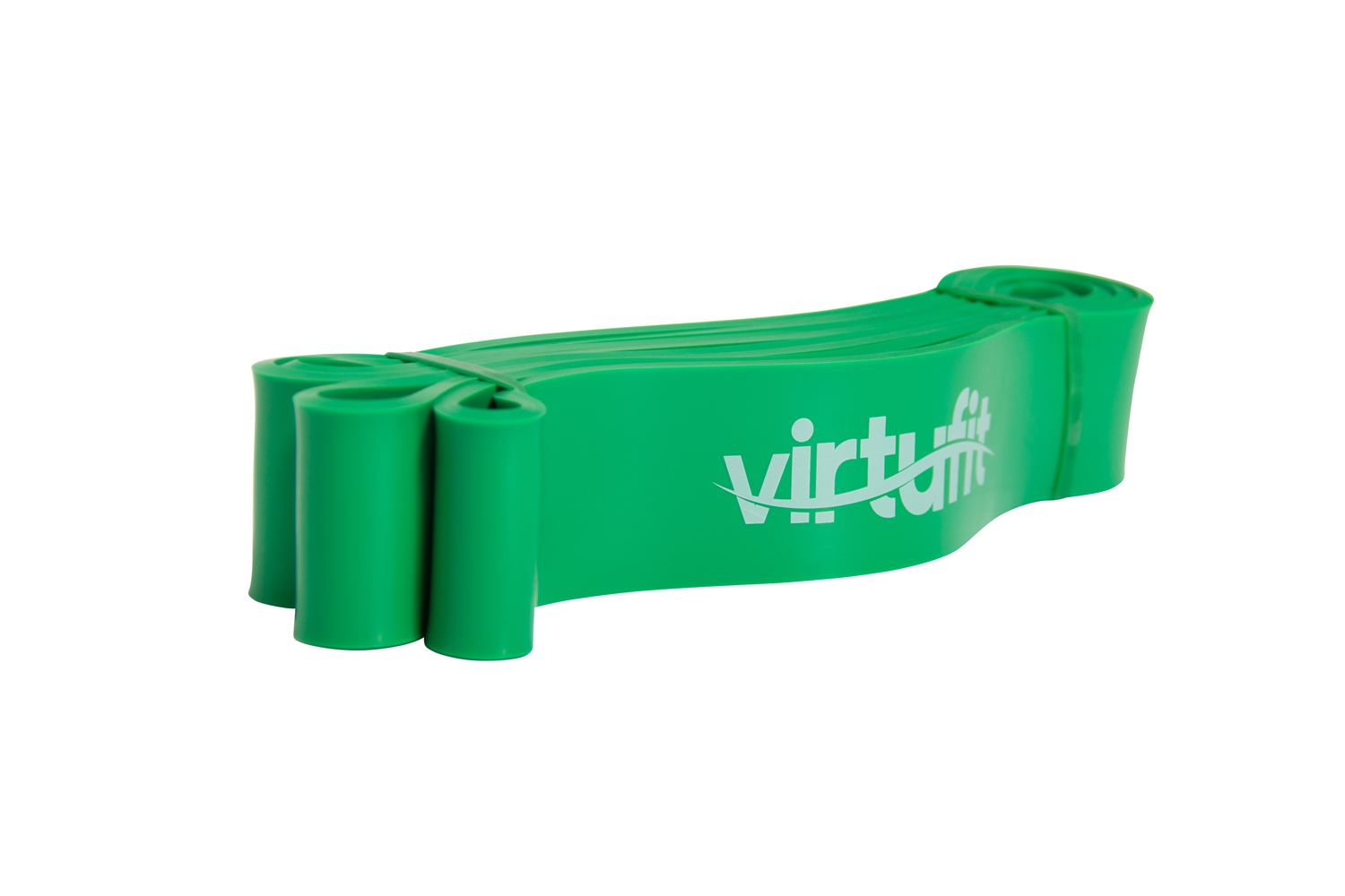 Grünes Widerstandsband mit VirtuFit-Logo. Weißer Hintergrund.
