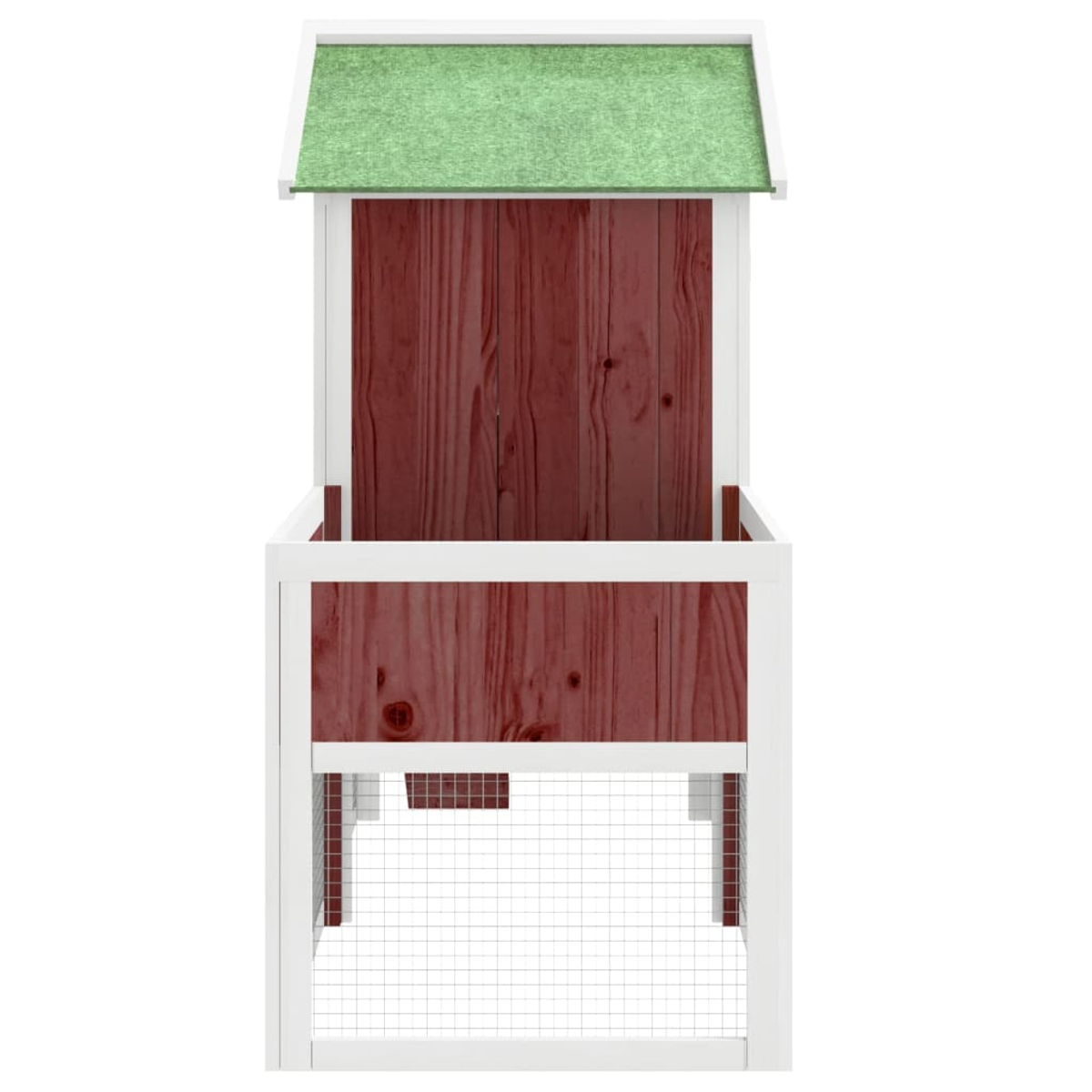 Ein Hühnerstall aus Holz mit grünem Dach und Maschendrahtgehege. Es ist in Weiß und Rot gestrichen.