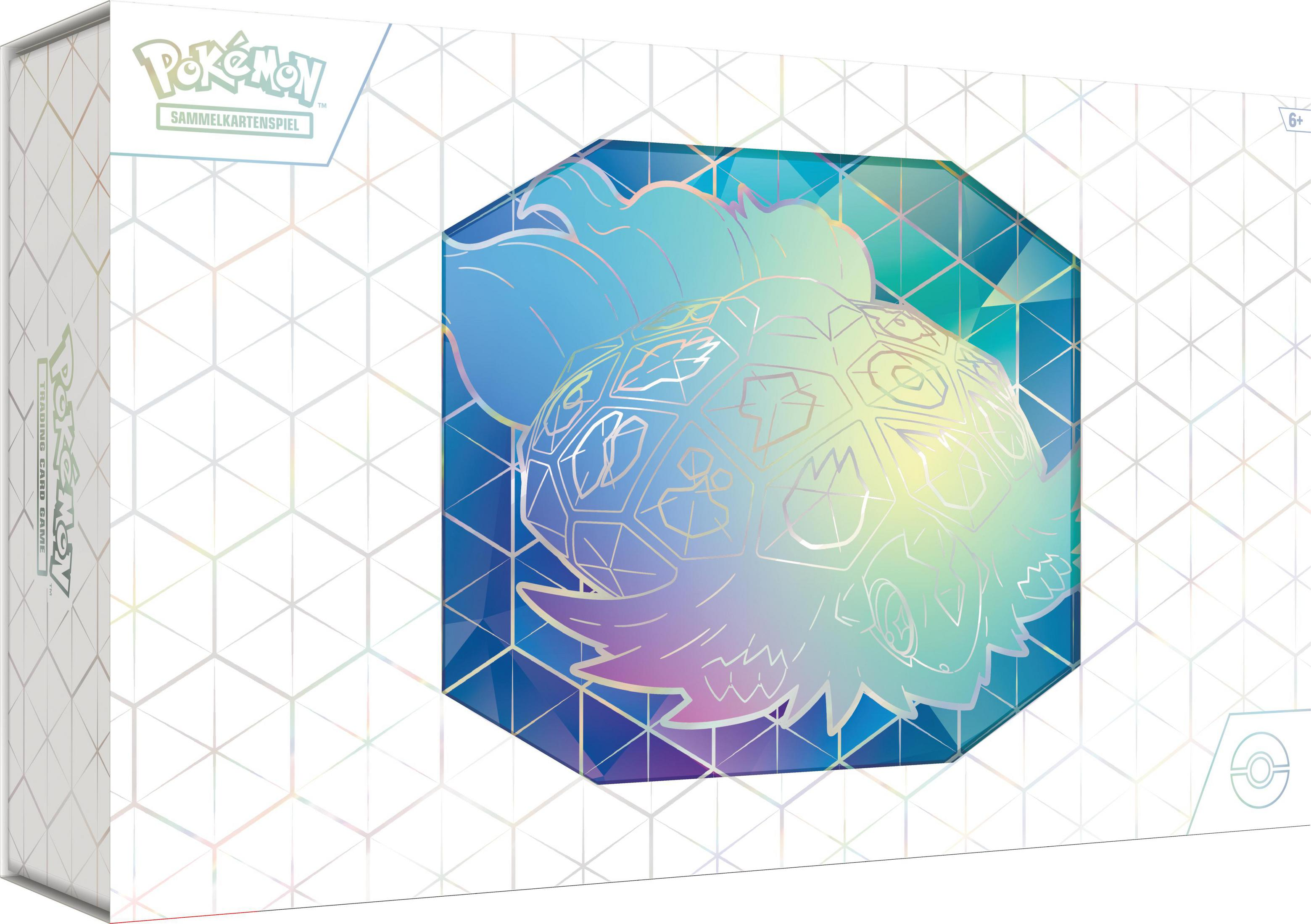 Pokemon-Kartenspiel-Box, mit farbenfrohem Charakterdesign, auf weißem Hintergrund.