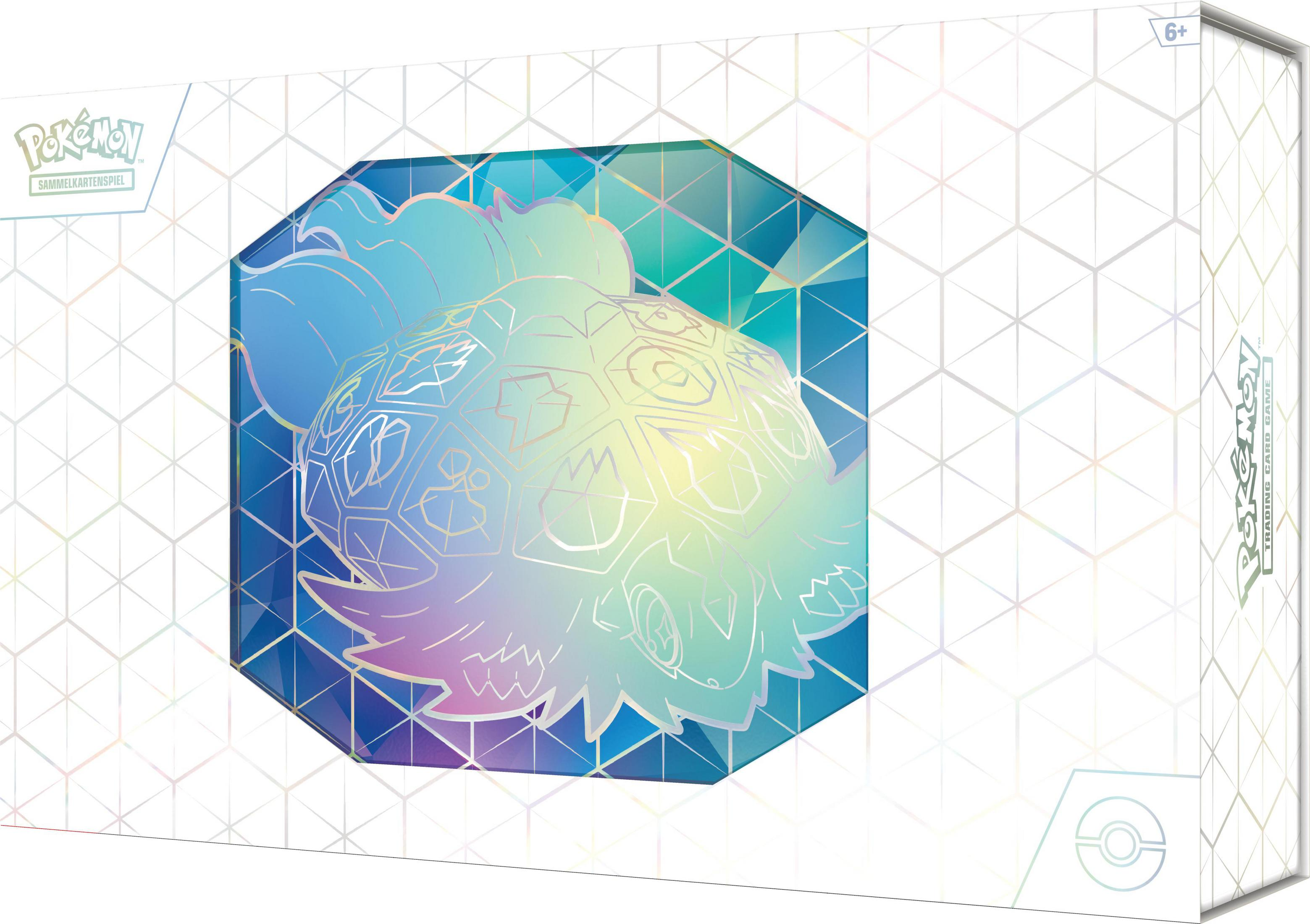 Pokemon-Sammelkartenspielbox. Es ist weiß mit einer mehrfarbigen Pokemon-Grafik.
