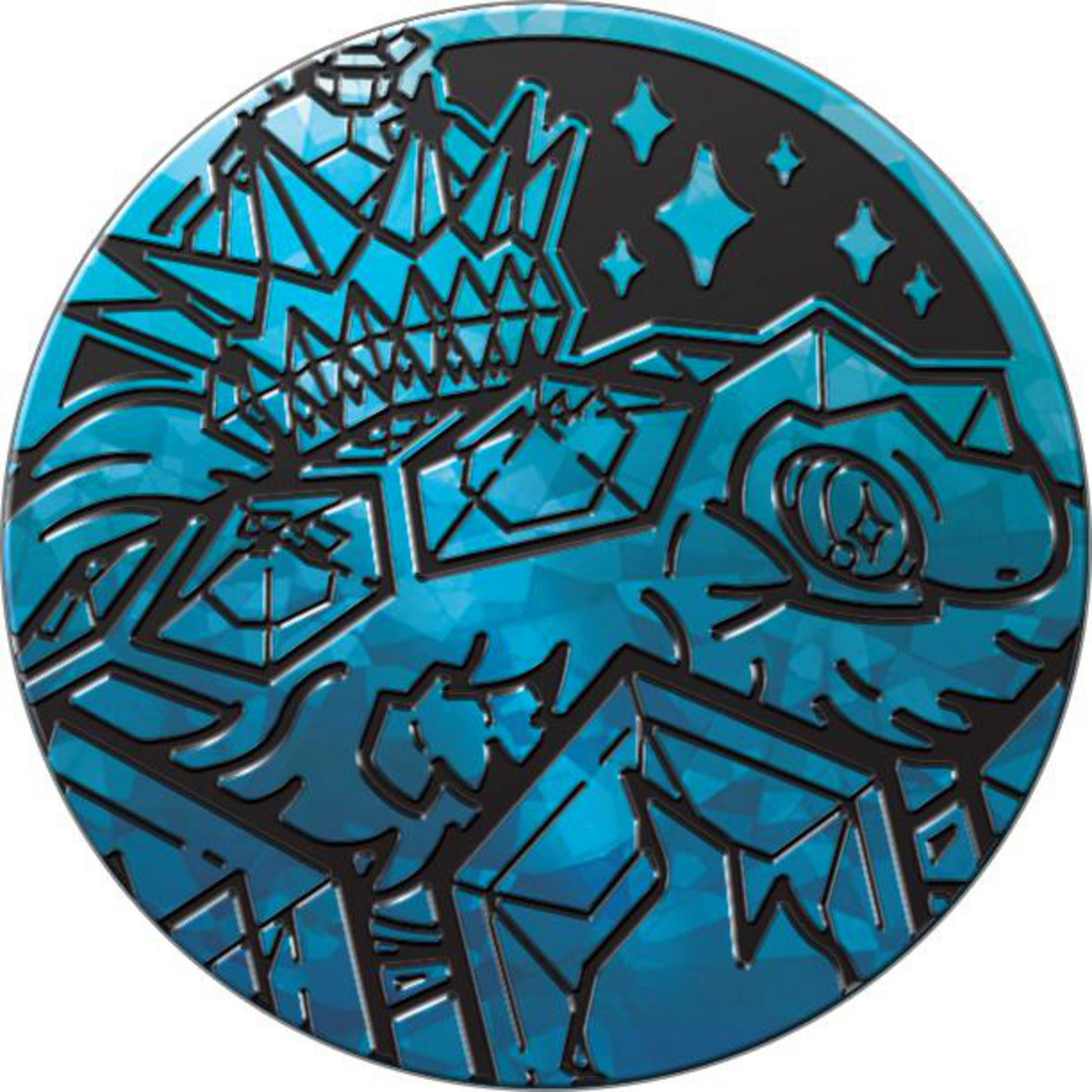 Pokemon-Münze mit blauem Drachendesign. Dunkler Hintergrund mit Sternen und geometrischen Formen.