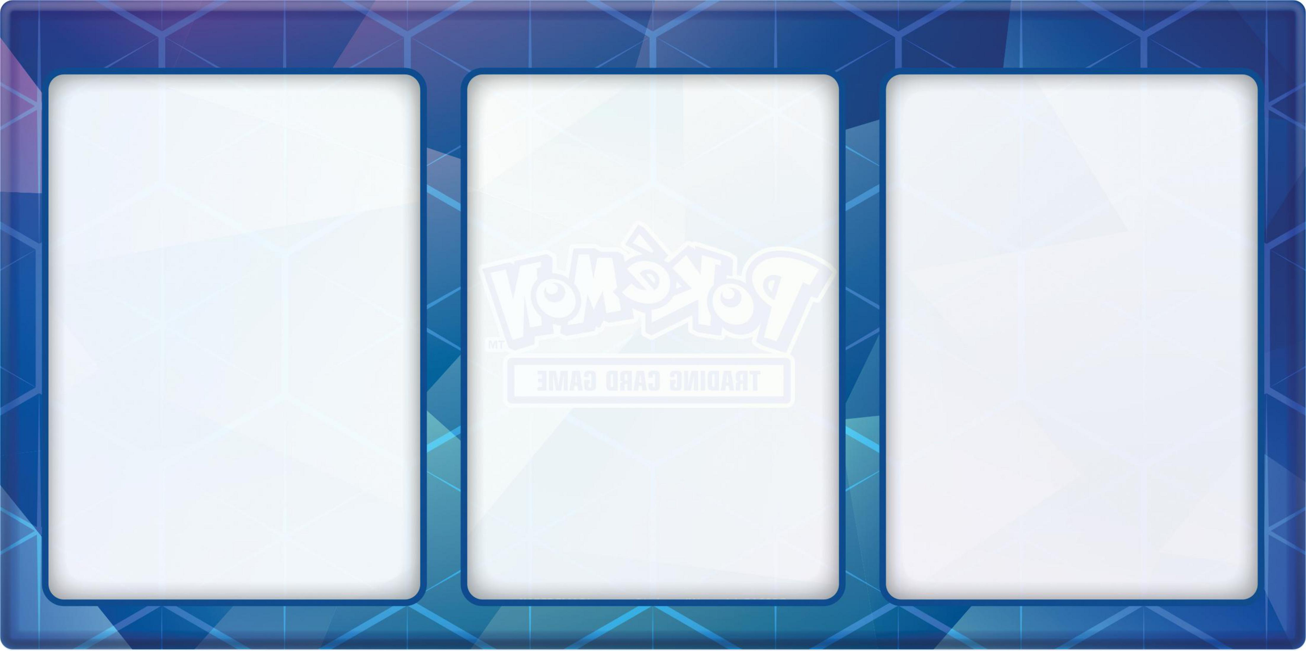 Ein dreiteiliger Kartenhalter mit blauem und weißem geometrischen Design. Das Pokémon-Logo in der Mitte.
