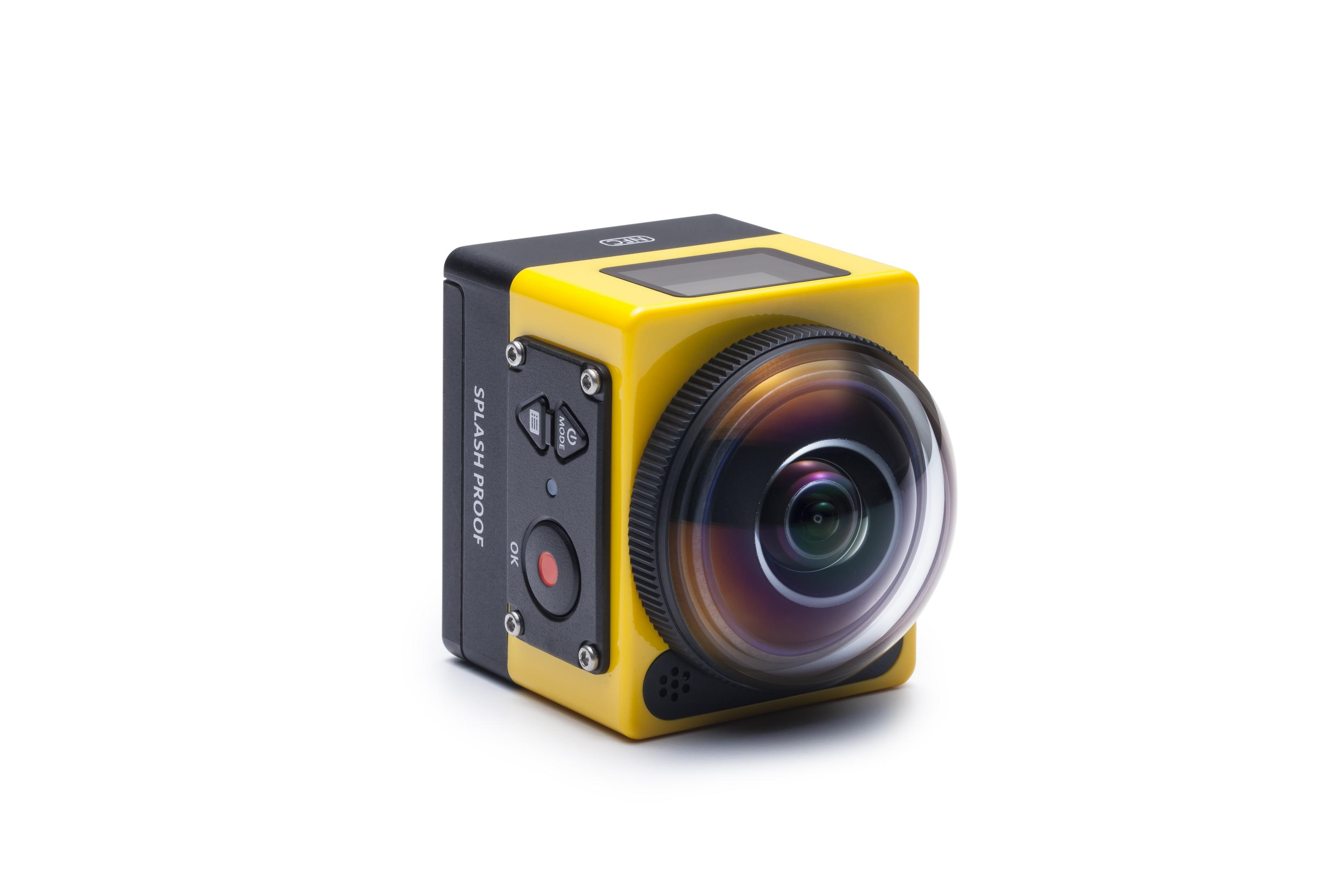 Żółta, kwadratowa kamera sportowa z obiektywem i przyciskami. Napis 'SPLASH PROOF'.
