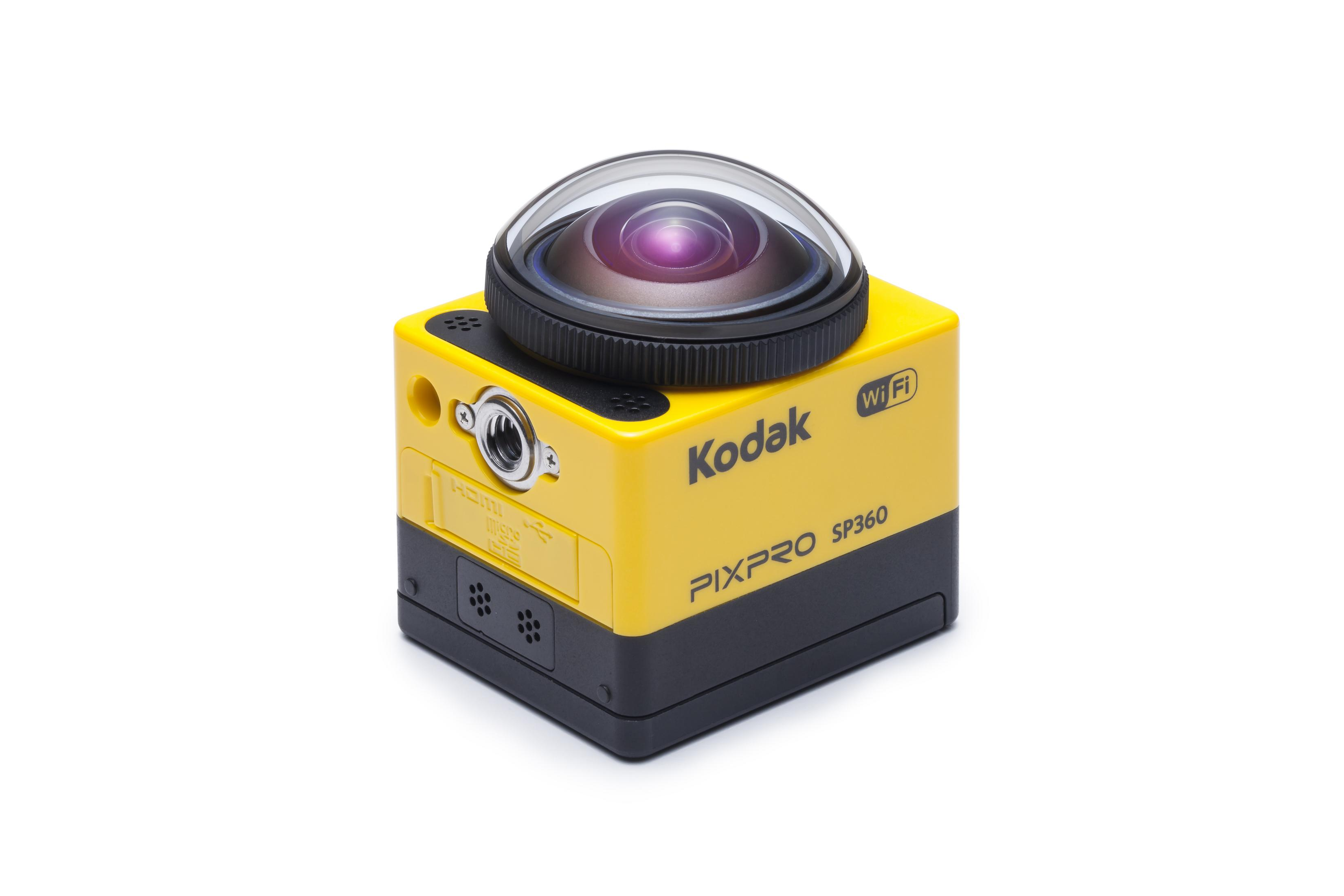 Żółto-czarna kamera Kodak PIXPRO SP360 z obiektywem na białym tle.