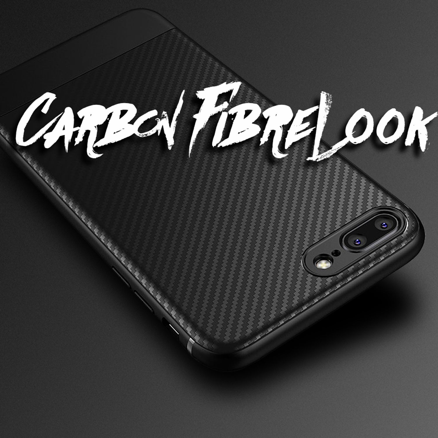 Schwarze Handyhülle mit Carbonfaser-Look. Schwarzer Hintergrund und die Worte Carbon Fibre Look.