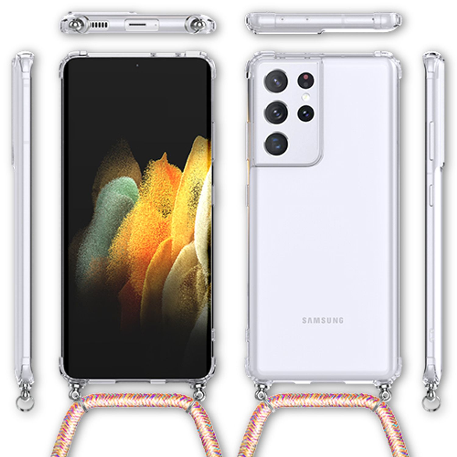 Transparente Handyhülle mit Riemen. Telefon innen, weiße Rückseite. Verschiedene Winkel. Rosa-oranger Riemen.