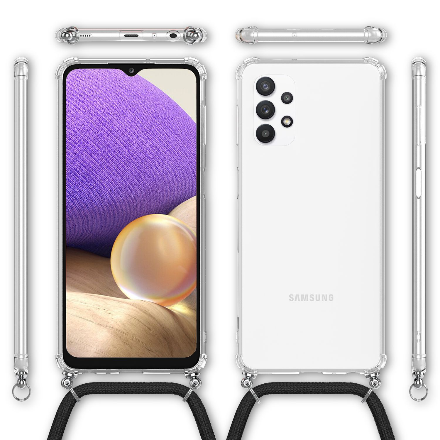 Transparente Handyhülle mit Riemen. Weißer Telefonrücken. Verschiedene Winkel. Schwarzer Riemen. Lila Bildschirm.