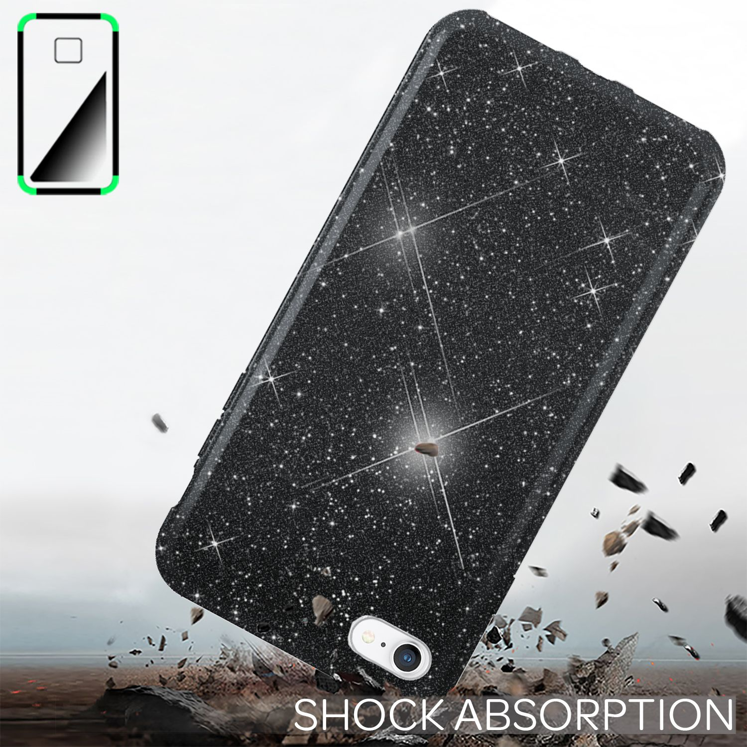 Custodia nera con glitter, rocce che cadono, etichetta assorbimento urti, icona batteria verde.