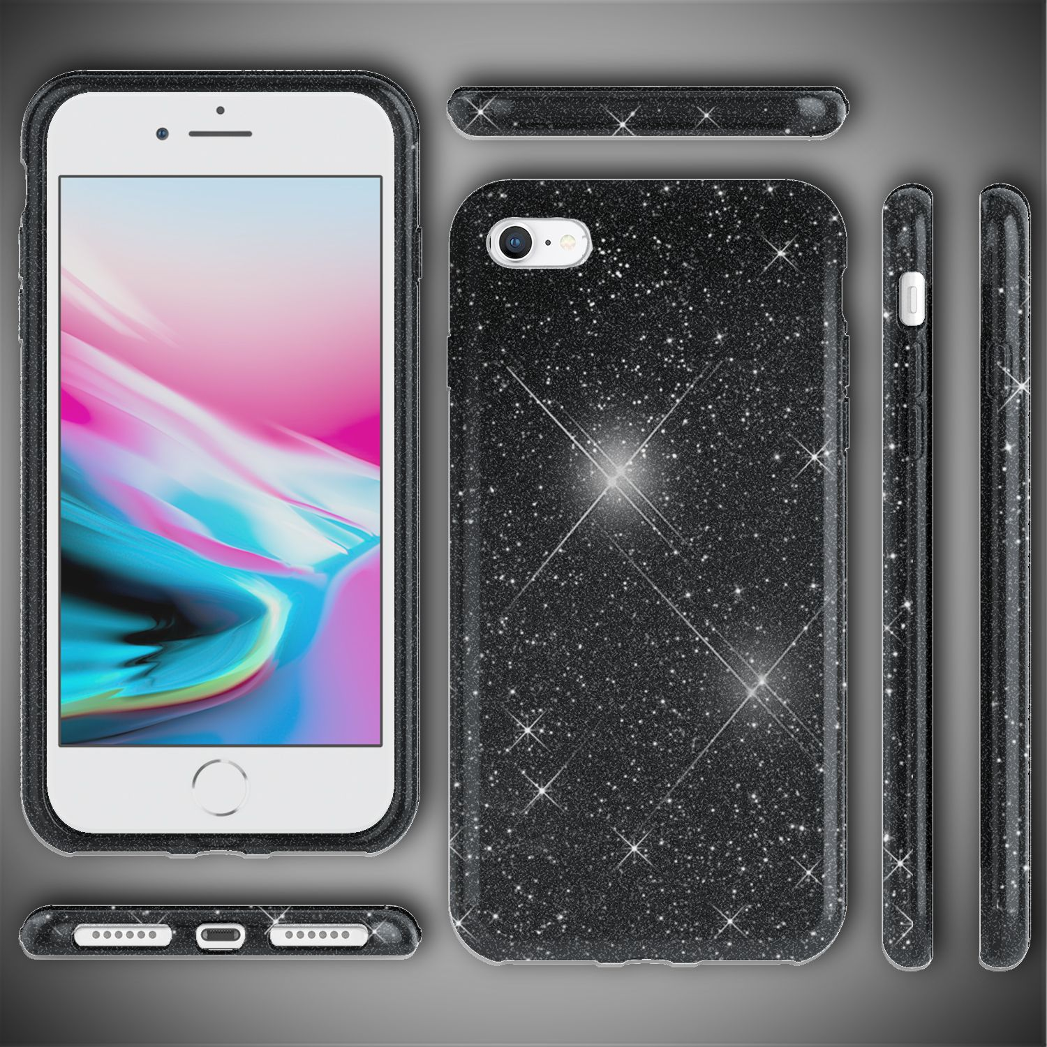 Custodia per telefono con glitter neri. Telefono all'interno, varie angolazioni. Cornice nera, schermo bianco.